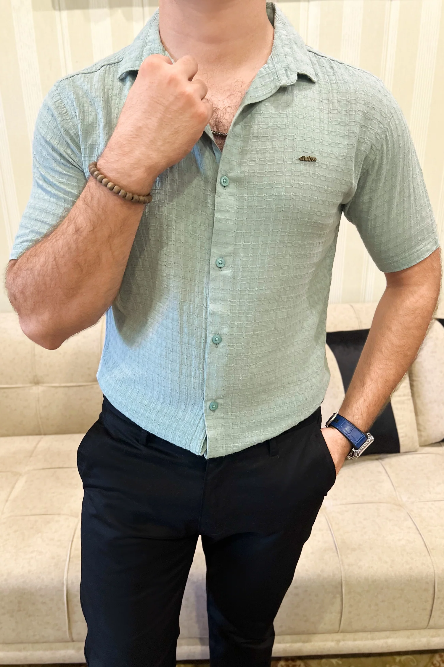 Turbo Designer Motif Embossed Casual Shirt In Sea Foam - Image 3