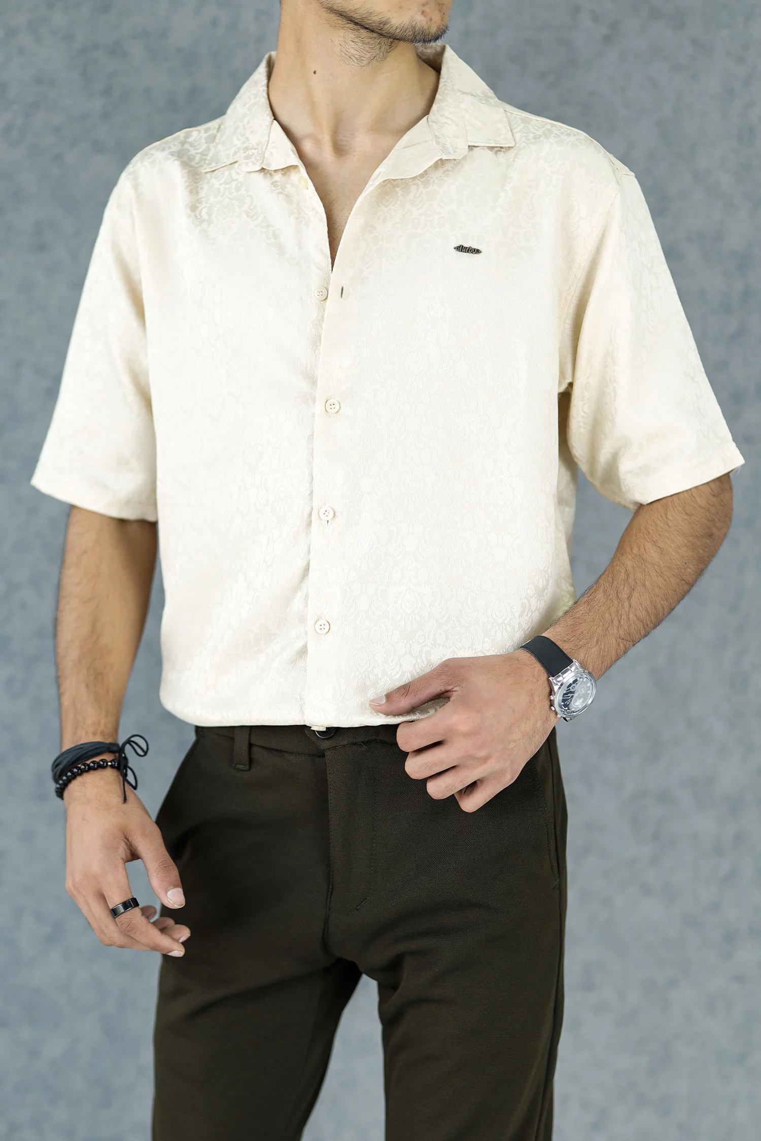Turbo Designer Motif Floral Casual Shirt In Creem - Image 3