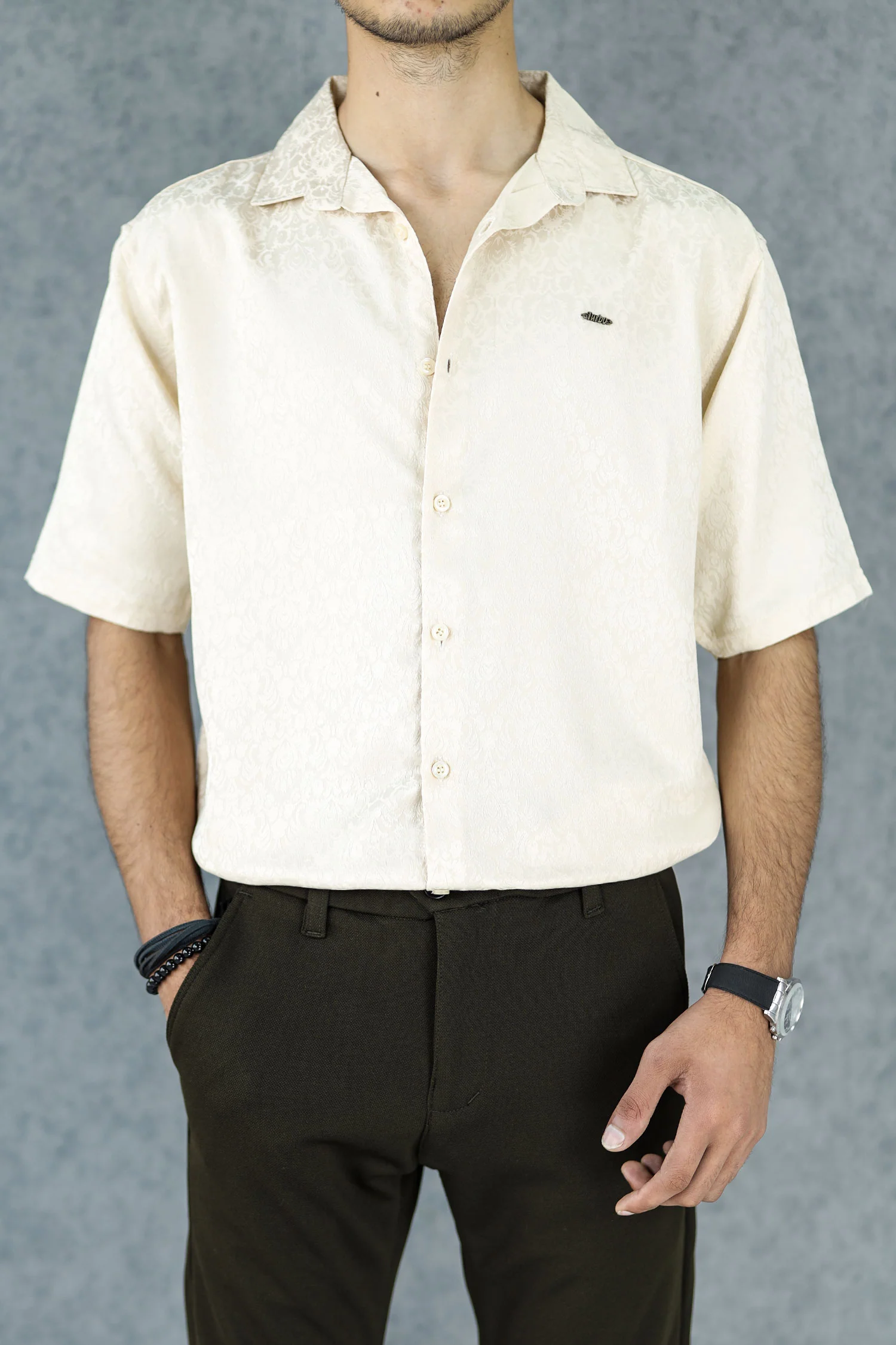 Turbo Designer Motif Floral Casual Shirt In Creem - Image 4