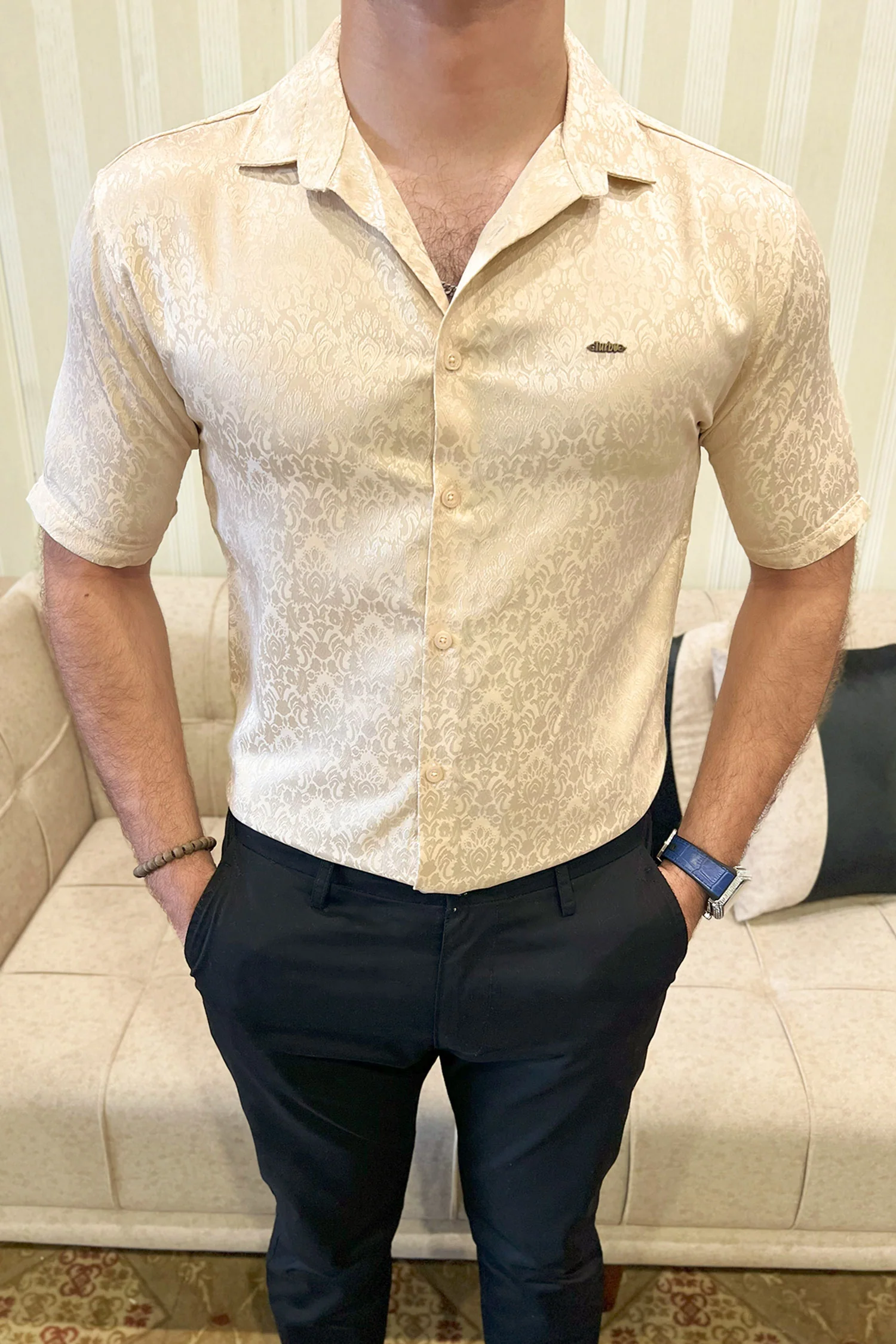 Turbo Designer Motif Floral Casual Shirt In Creem - Image 3