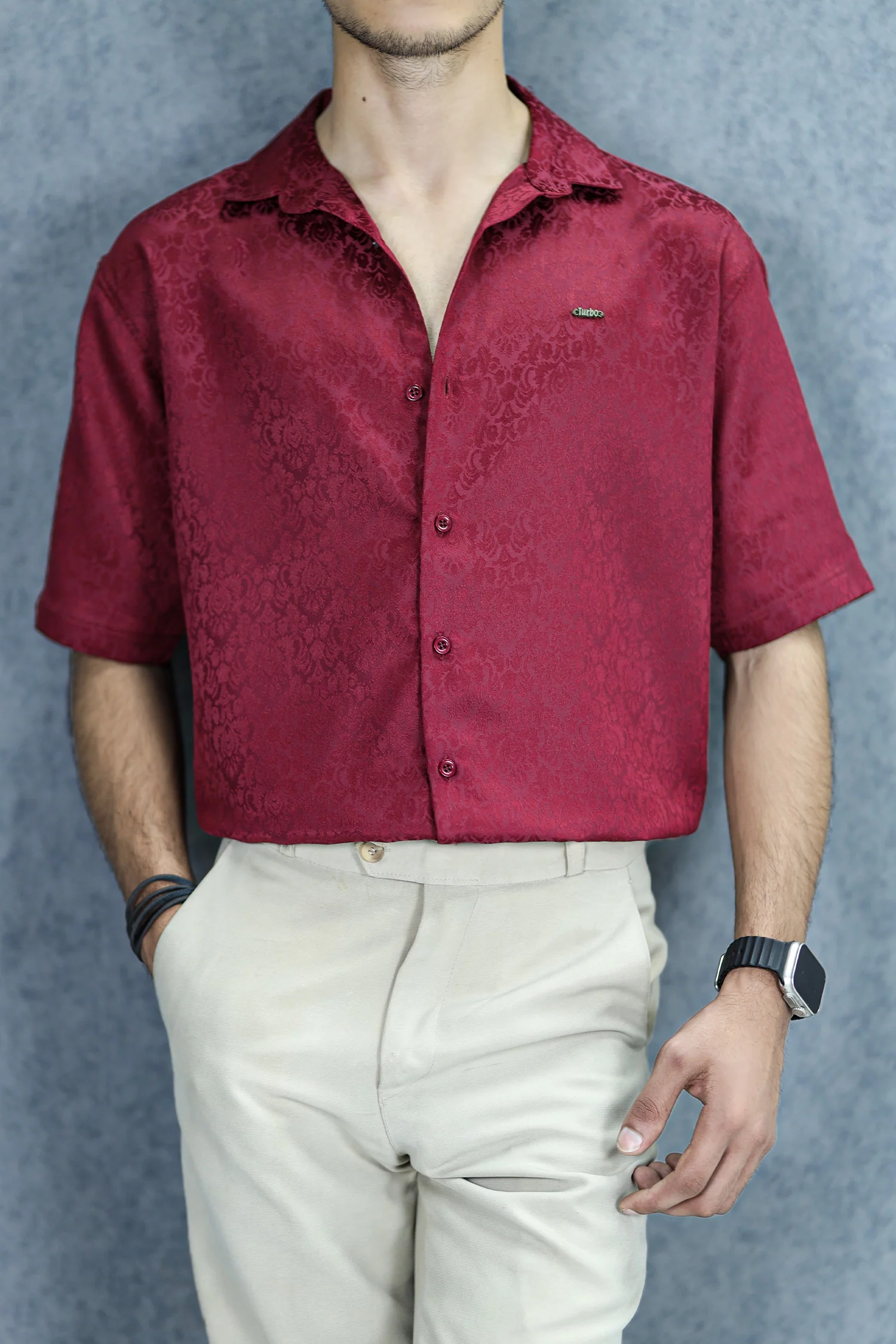Turbo Designer Motif Floral Casual Shirt In Maroon - Image 3