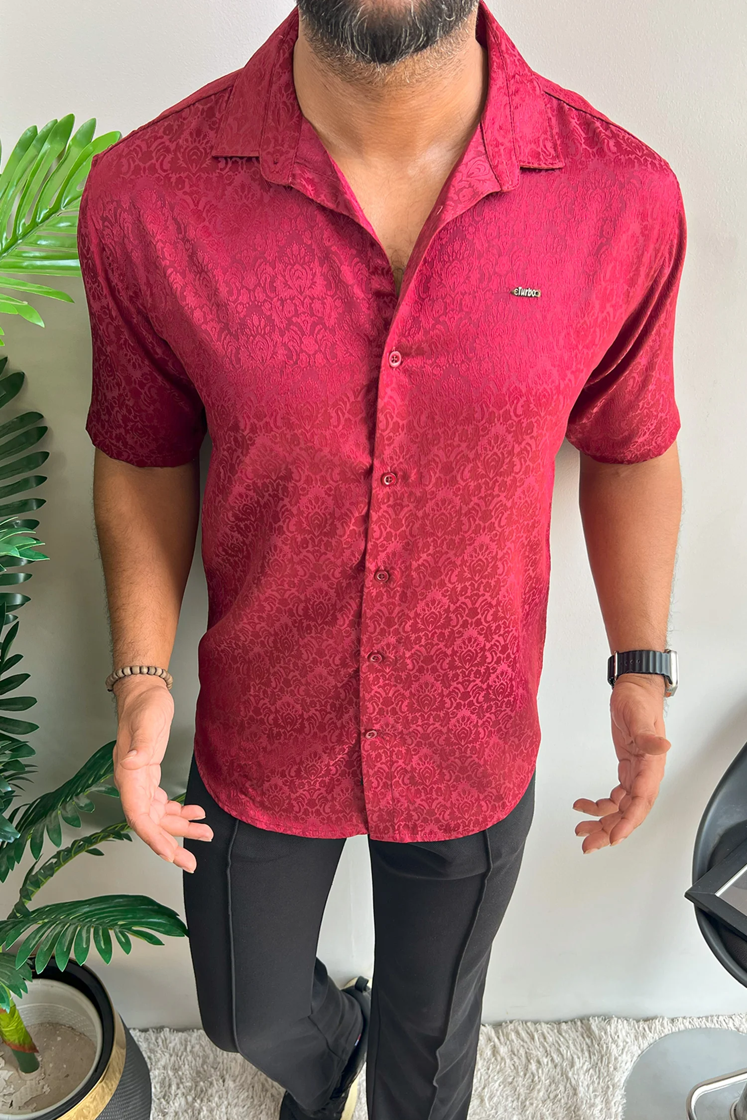 Turbo Designer Motif Floral Casual Shirt In Maroon