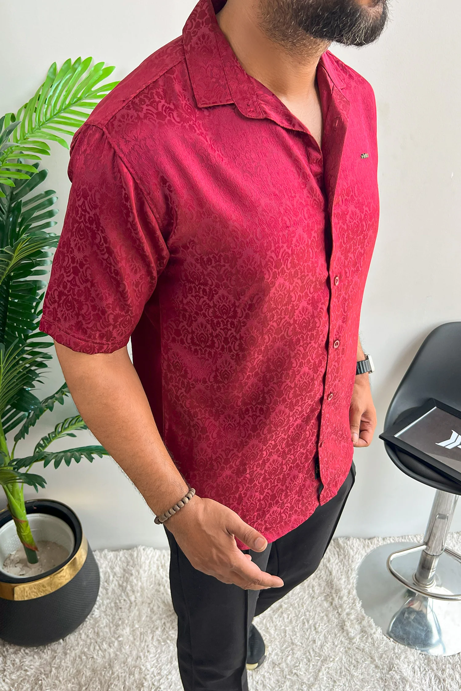 Turbo Designer Motif Floral Casual Shirt In Maroon - Image 3