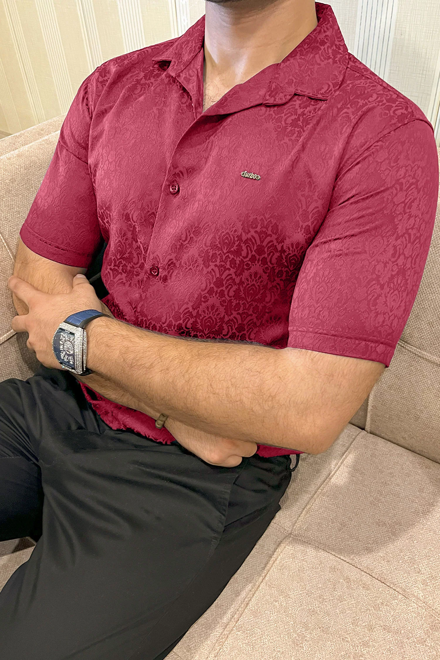 Turbo Designer Motif Floral Casual Shirt In Maroon - Image 2
