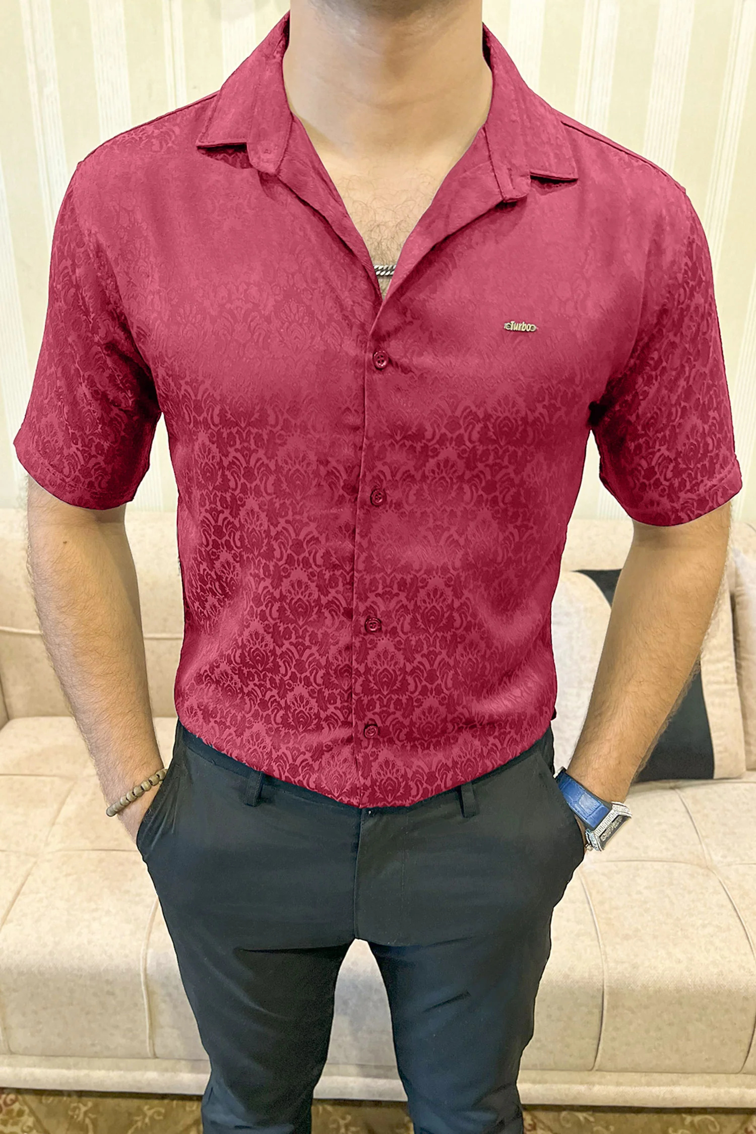 Turbo Designer Motif Floral Casual Shirt In Maroon - Image 3