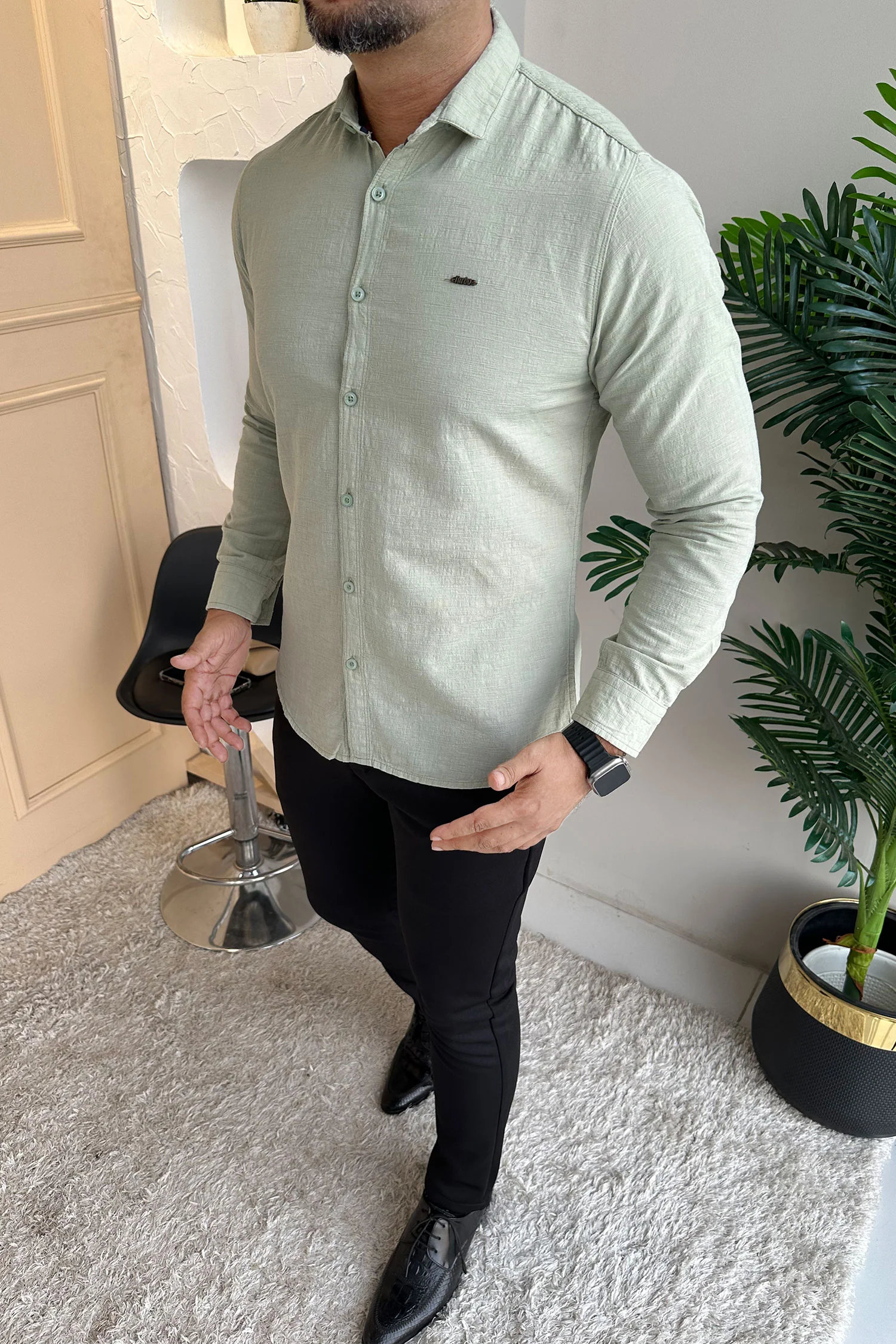 Turbo Dobby Textured Long Sleeve Cotton Casual Shirt In Mint Green - Image 2