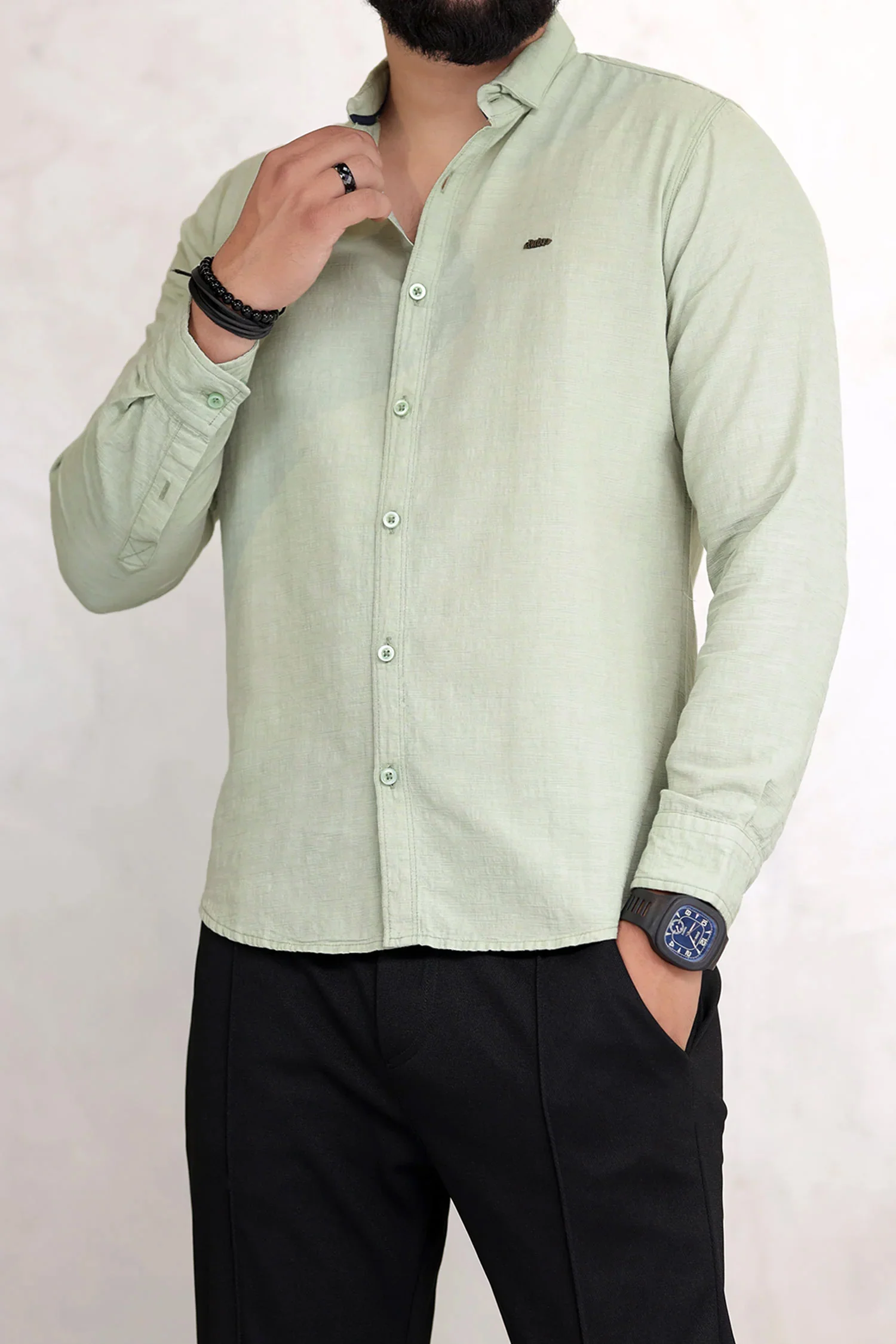Turbo Dobby Textured Long Sleeve Cotton Casual Shirt In Mint Green - Image 2