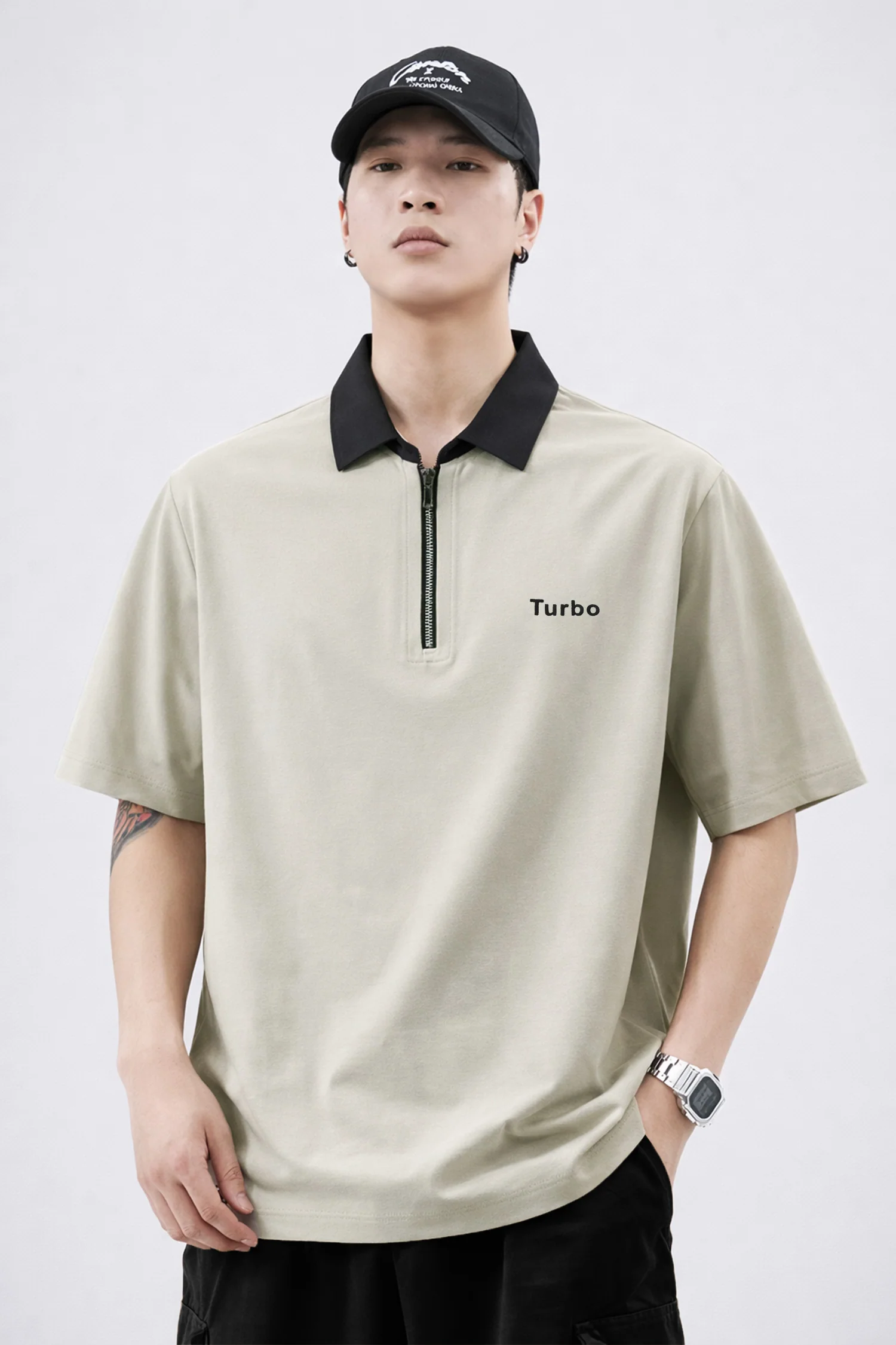 Turbo Dubilo Zipper Imp Silk Polo Shirt In Beige