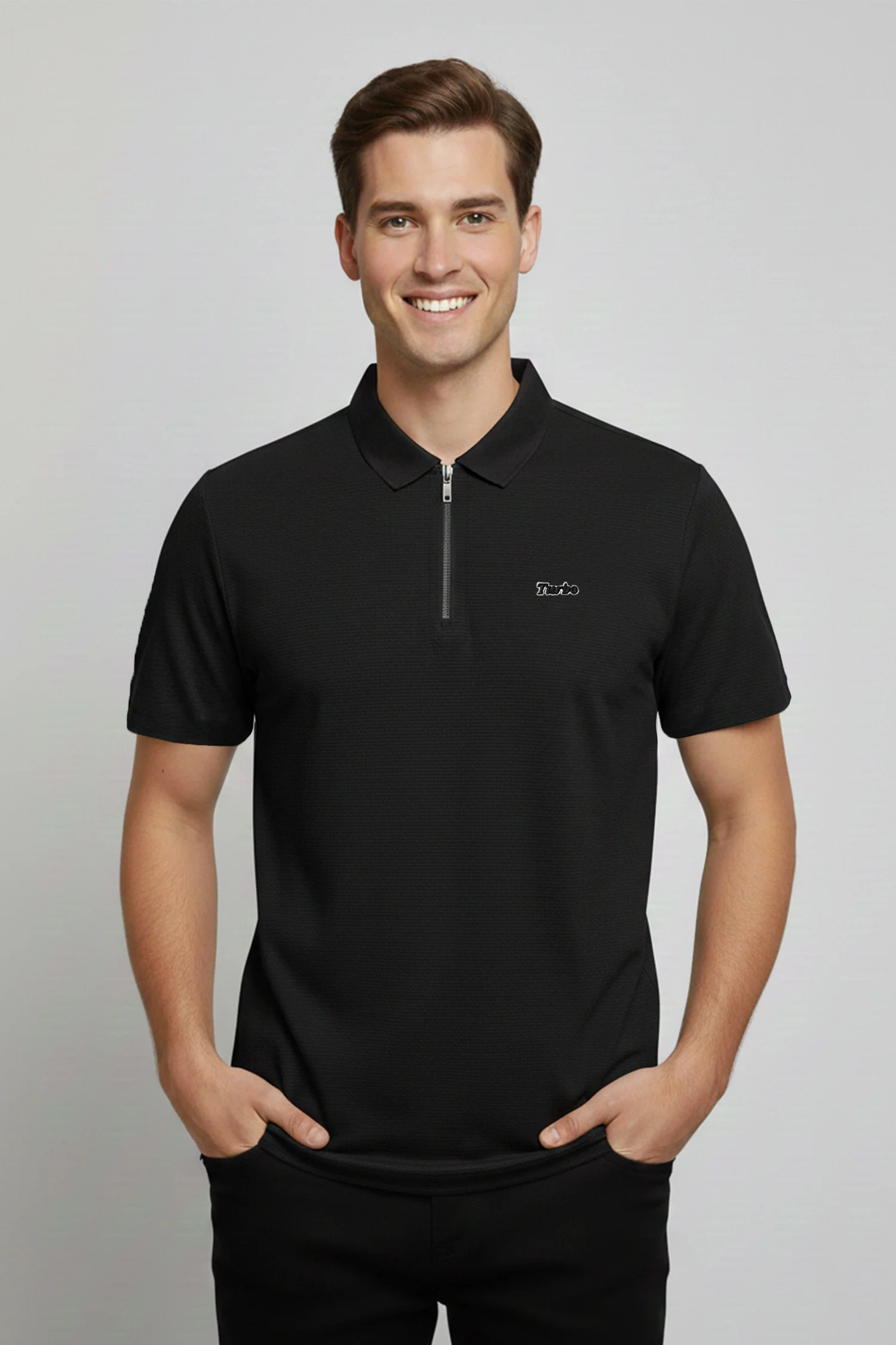 Turbo Fashion Transmission Zip Collar Men's Polo Shirt In Black