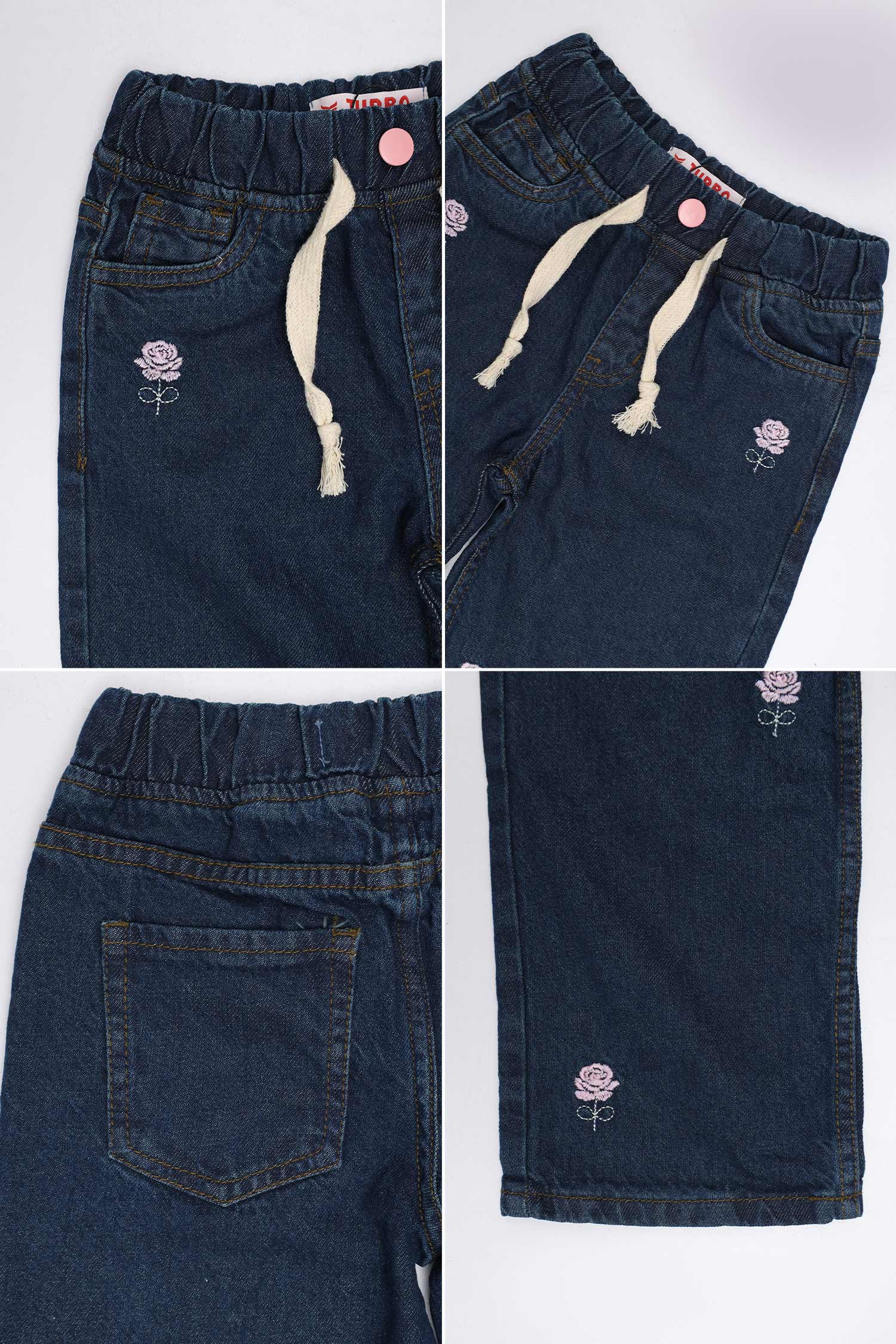 Turbo Floral Embroidered Wide-Legs Jeans For Girls - Image 3