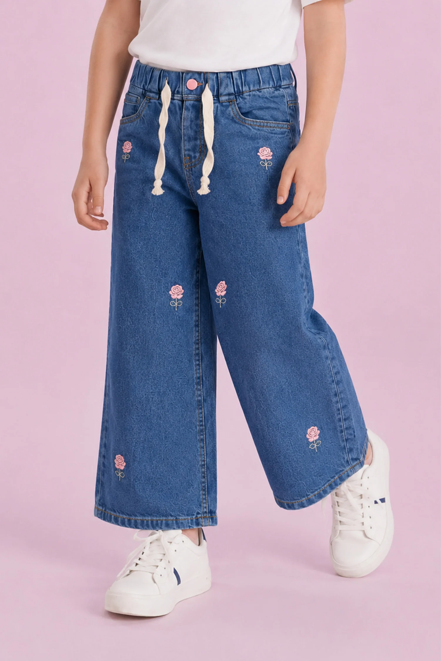 Turbo Floral Embroidered Wide-Legs Jeans For Girls - Image 4