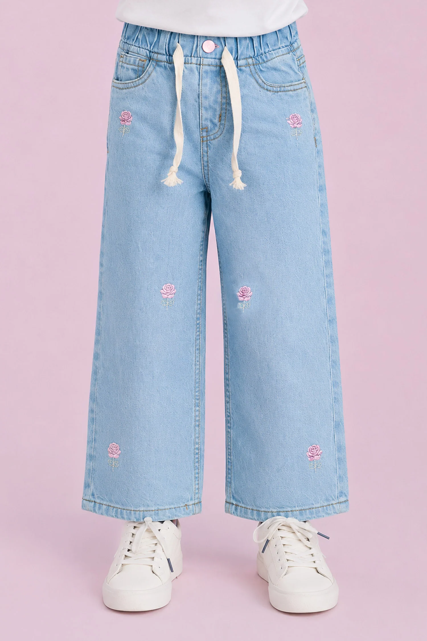 Turbo Floral Embroidered Wide-Legs Jeans For Girls - Image 7