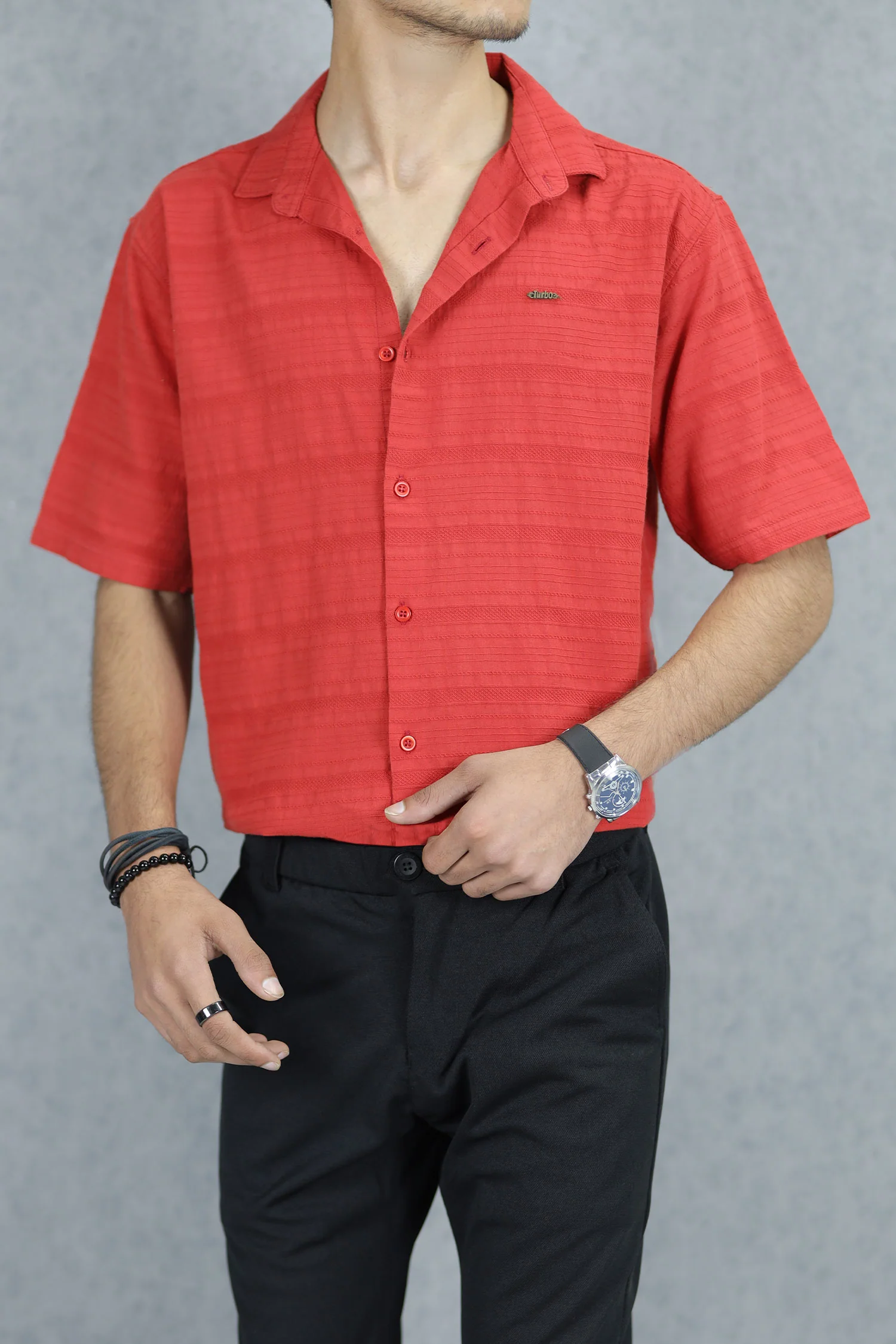 Turbo Knit Craft Crochet Casual Shirt In Red - Image 3