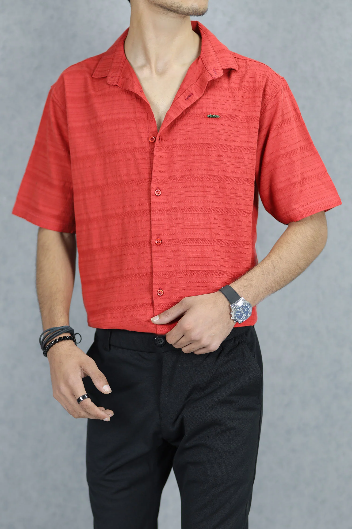 Turbo Knit Craft Crochet Casual Shirt In Red - Image 4