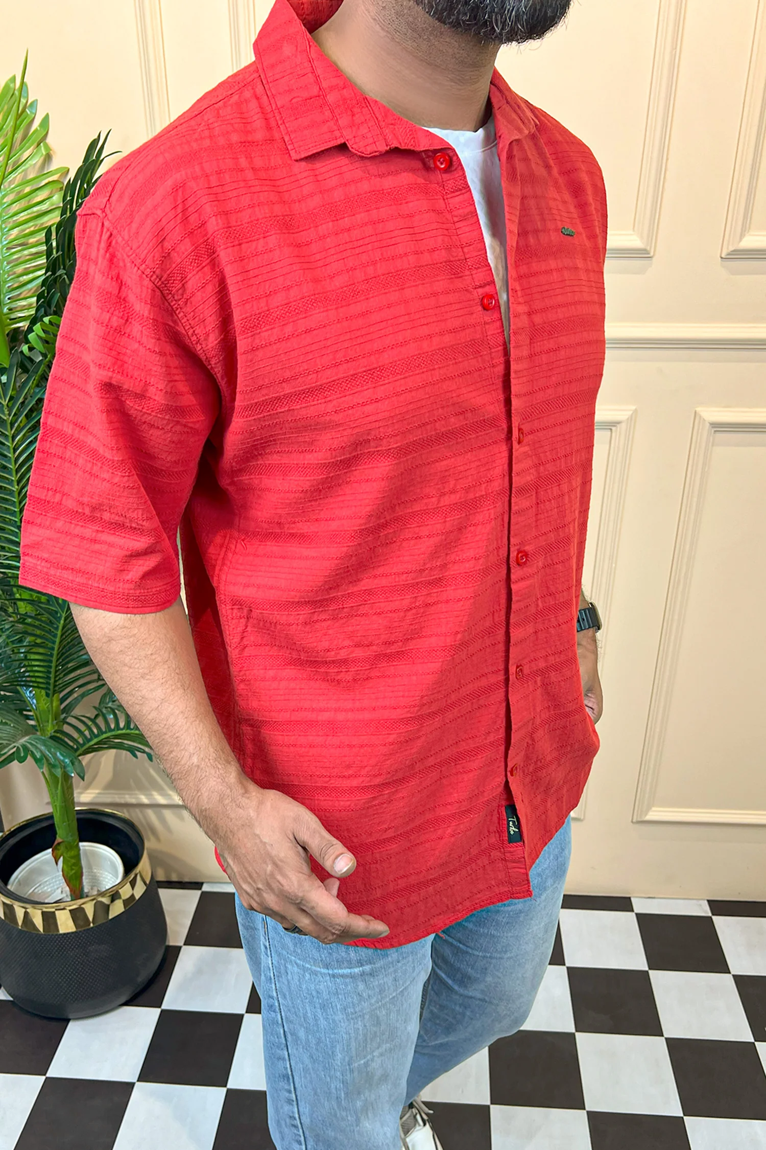 Turbo Knit Craft Crochet Casual Shirt In Red - Image 3