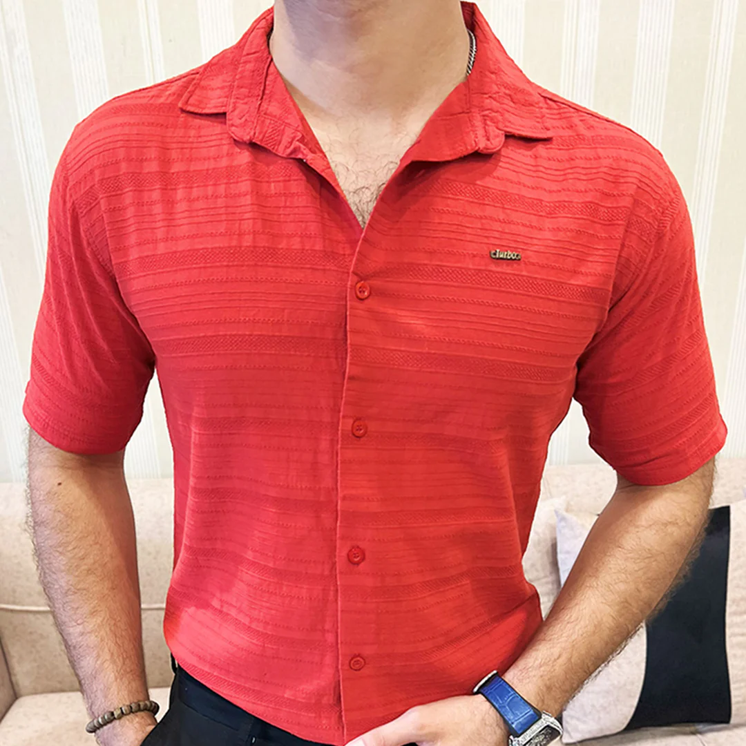 Turbo Knit Craft Crochet Casual Shirt In Red - Image 4