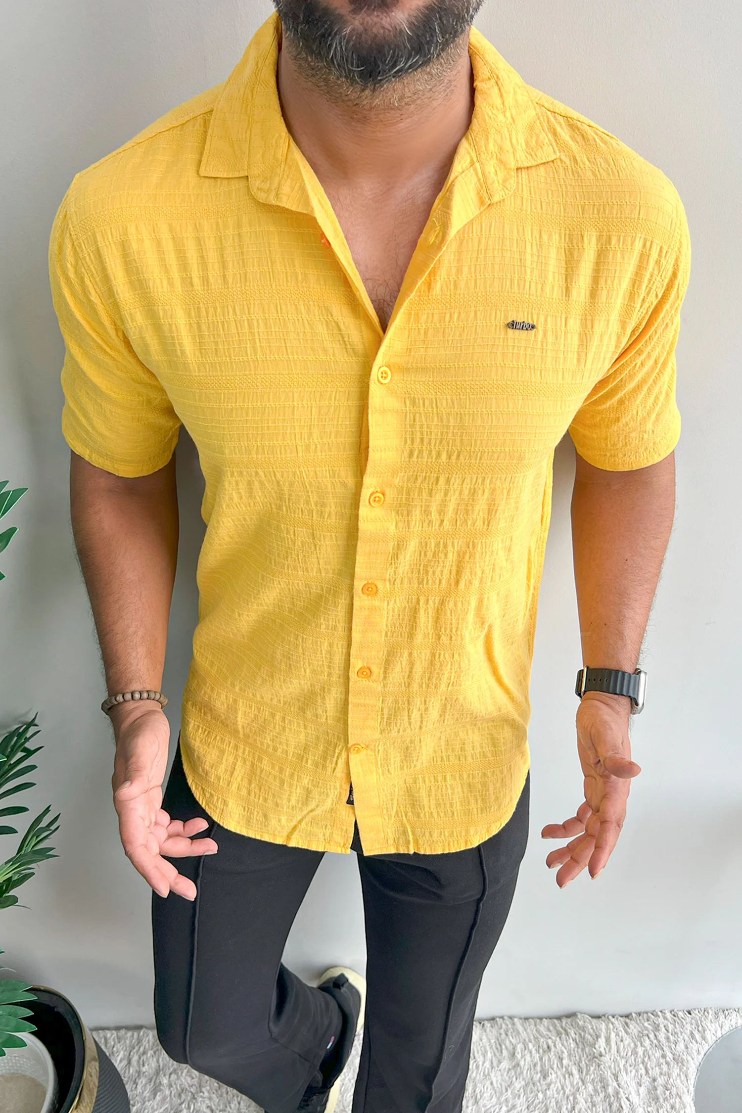 Turbo Knit Craft Crochet Casual Shirt In Yellow