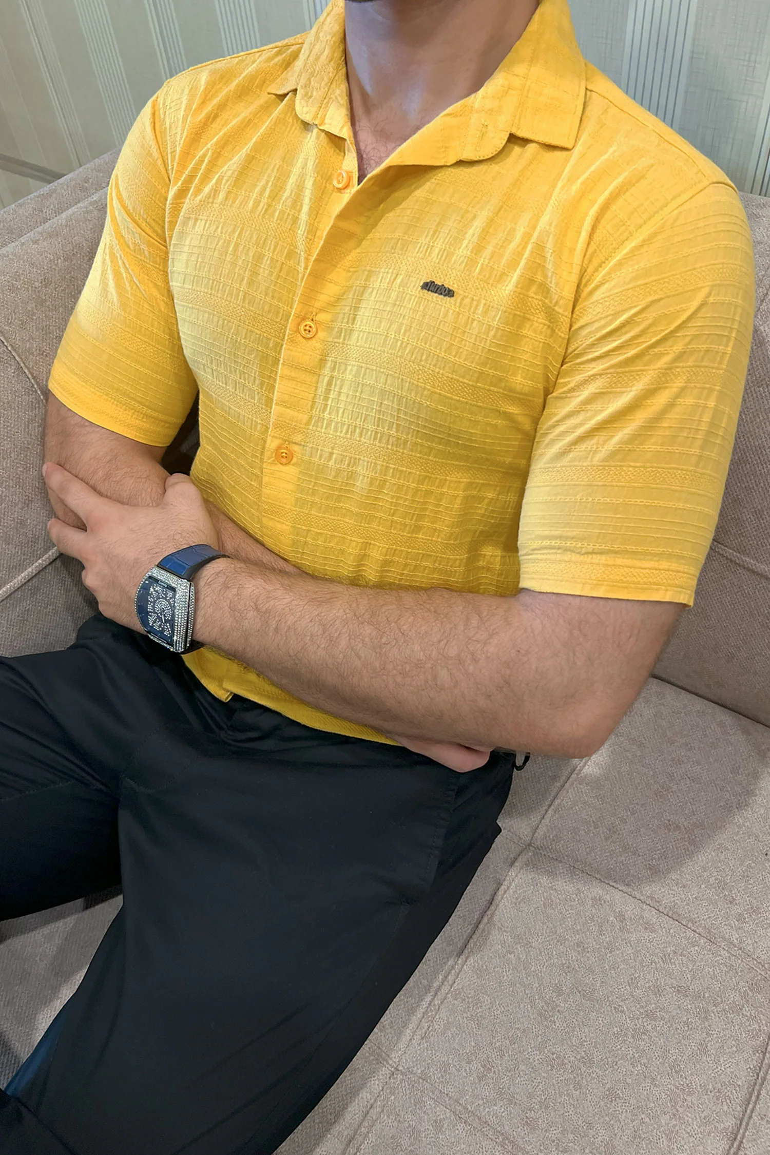 Turbo Knit Craft Crochet Casual Shirt In Yellow - Image 2