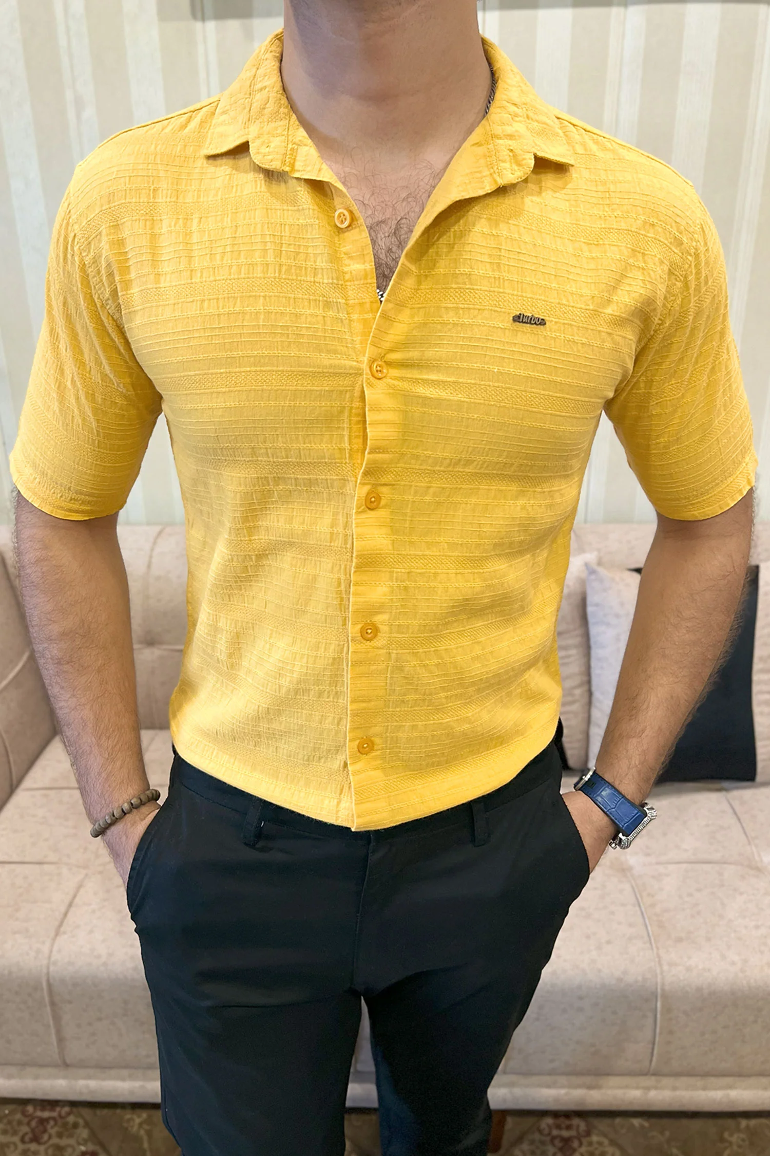 Turbo Knit Craft Crochet Casual Shirt In Yellow - Image 3