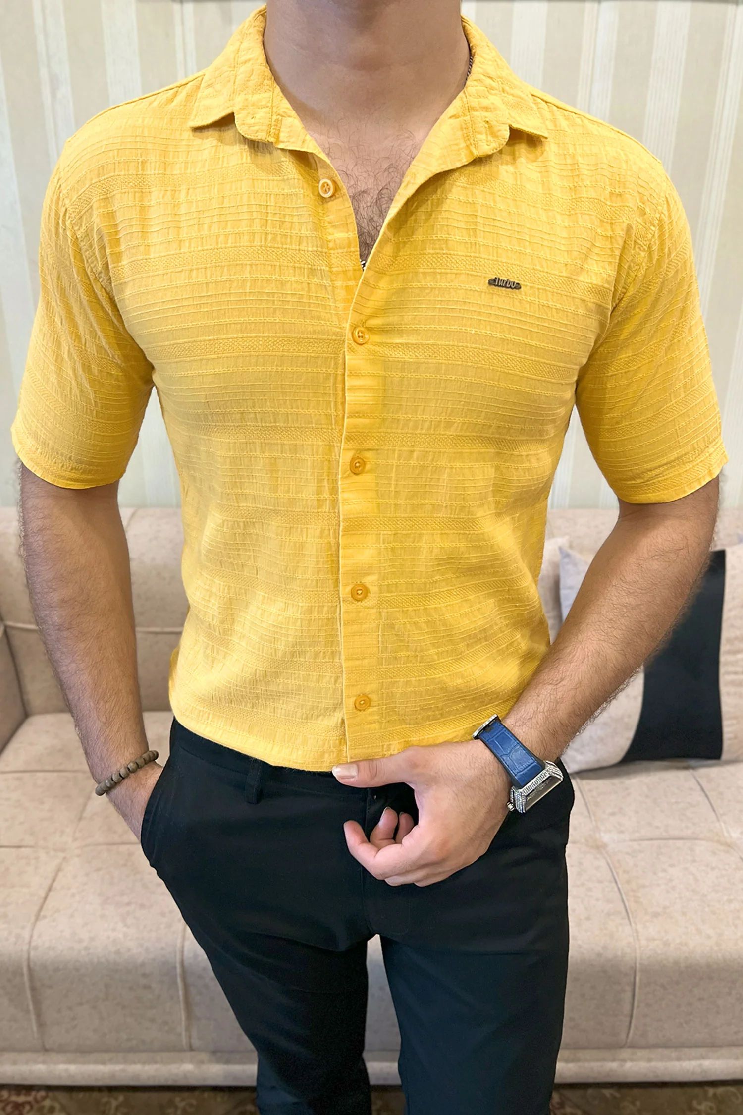 Turbo Knit Craft Crochet Casual Shirt In Yellow - Image 5