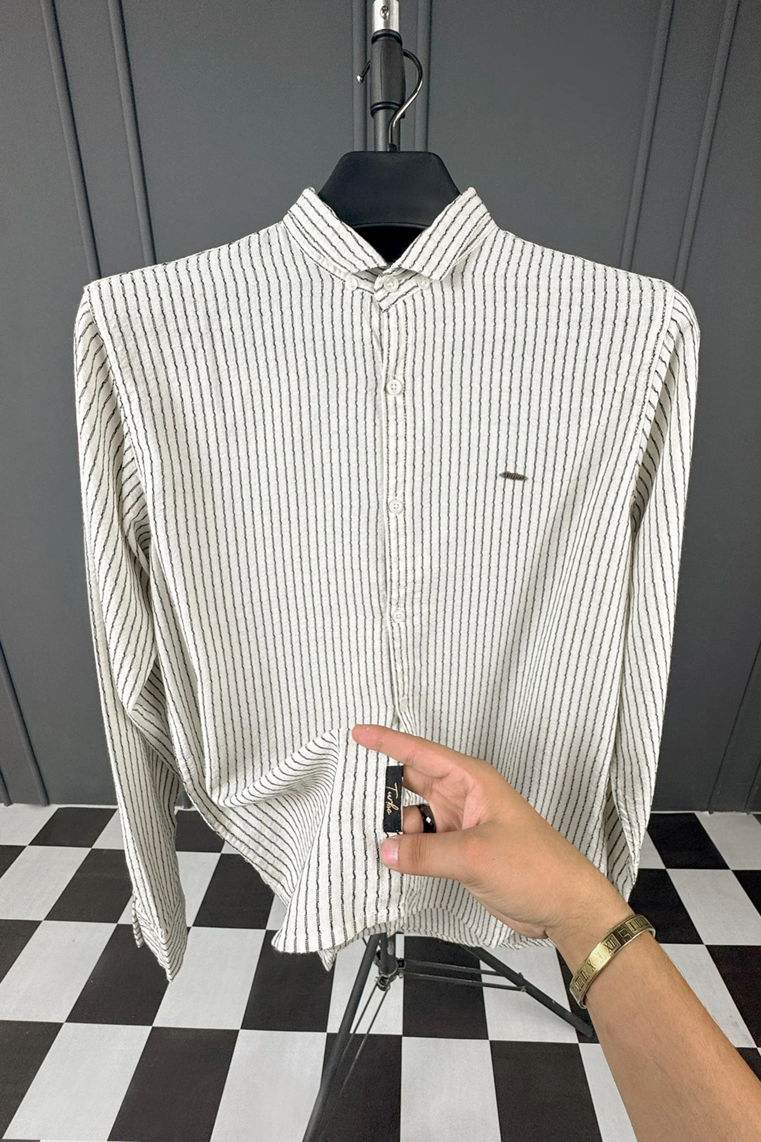Turbo Lining Check Creation Long Sleeve Cotton Casual Shirt - Image 11