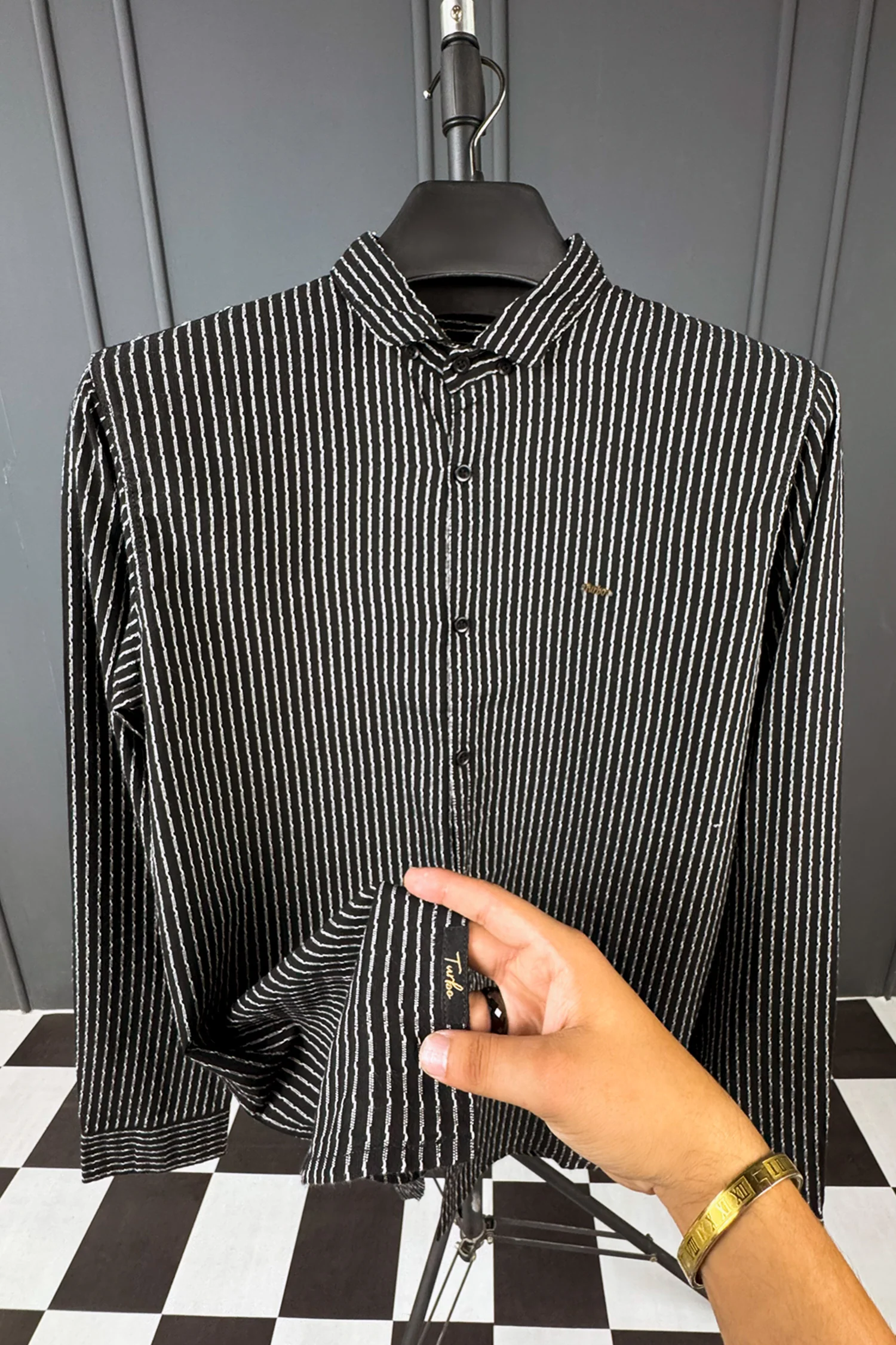 Turbo Lining Check Creation Long Sleeve Cotton Casual Shirt - Image 7