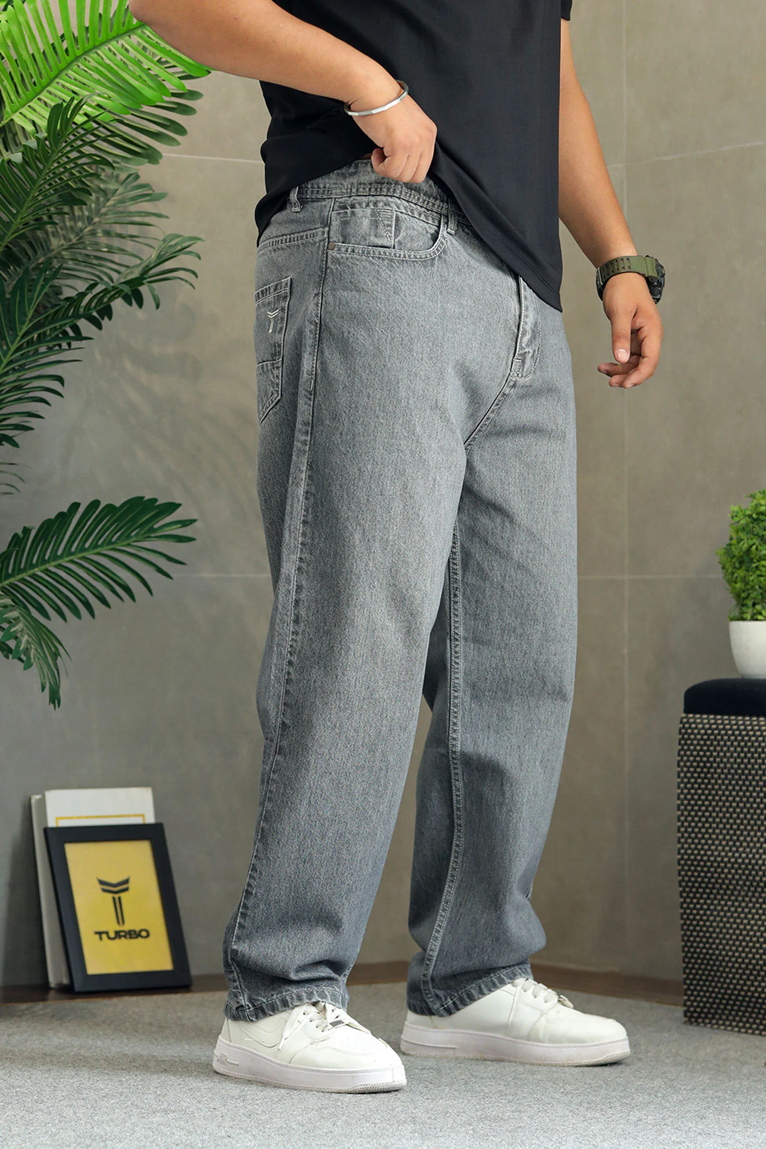 Turbo Minimal Straight Leg Denim Baggy Jeans In Grey - Image 2