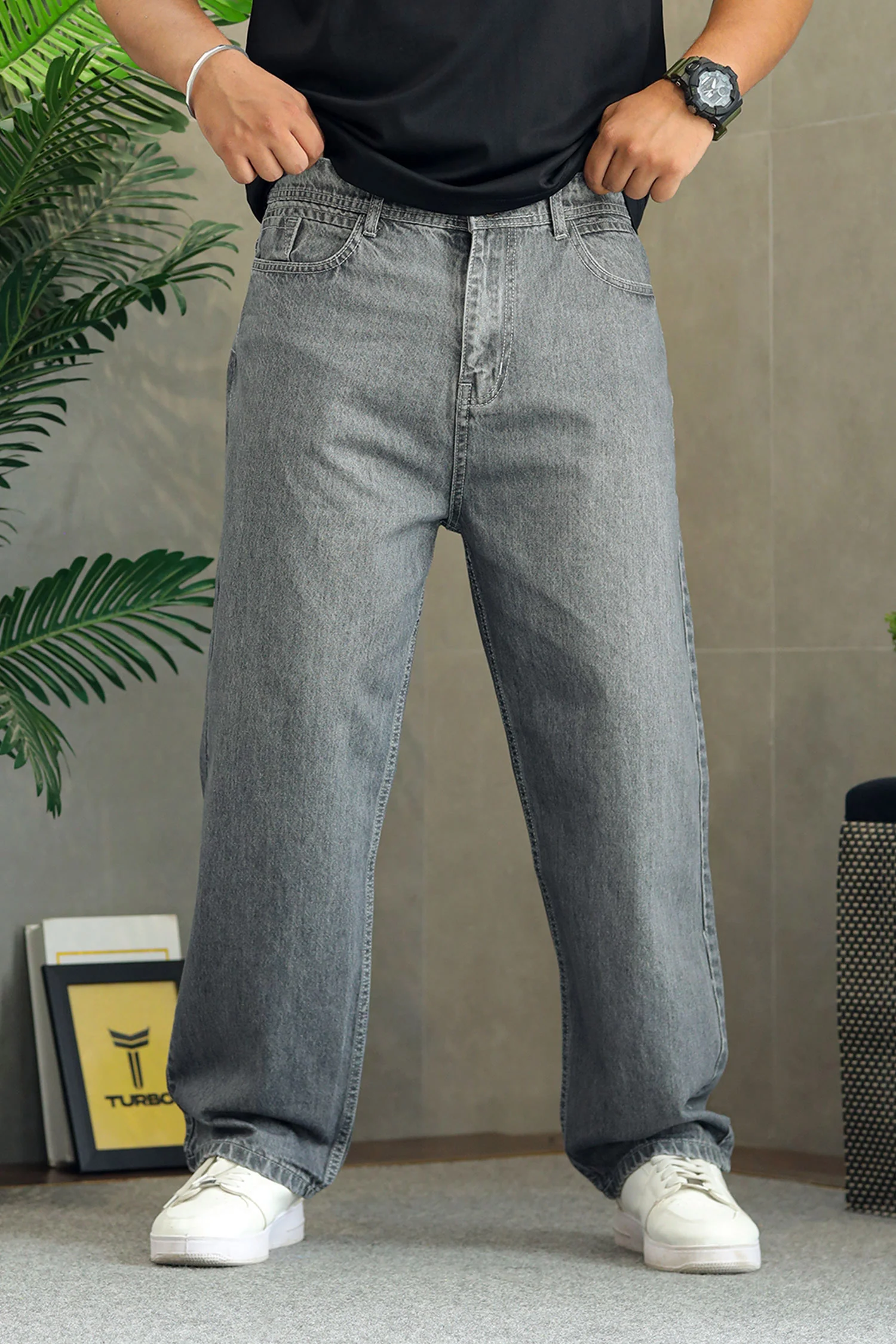 Turbo Minimal Straight Leg Denim Baggy Jeans In Grey - Image 3