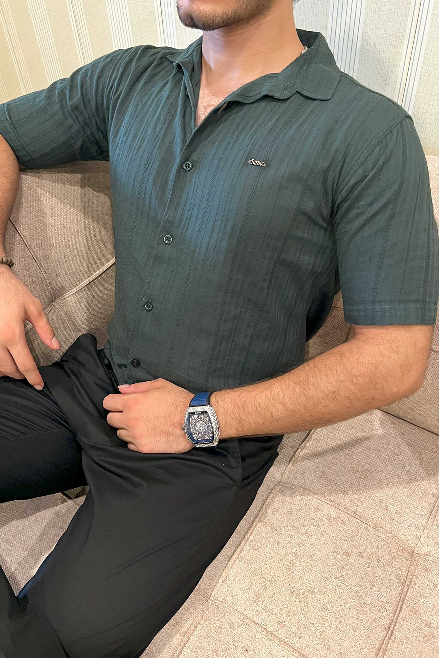 Turbo Minimalist Design Half Sleeve Casual Shirt In Dark Green - Image 4
