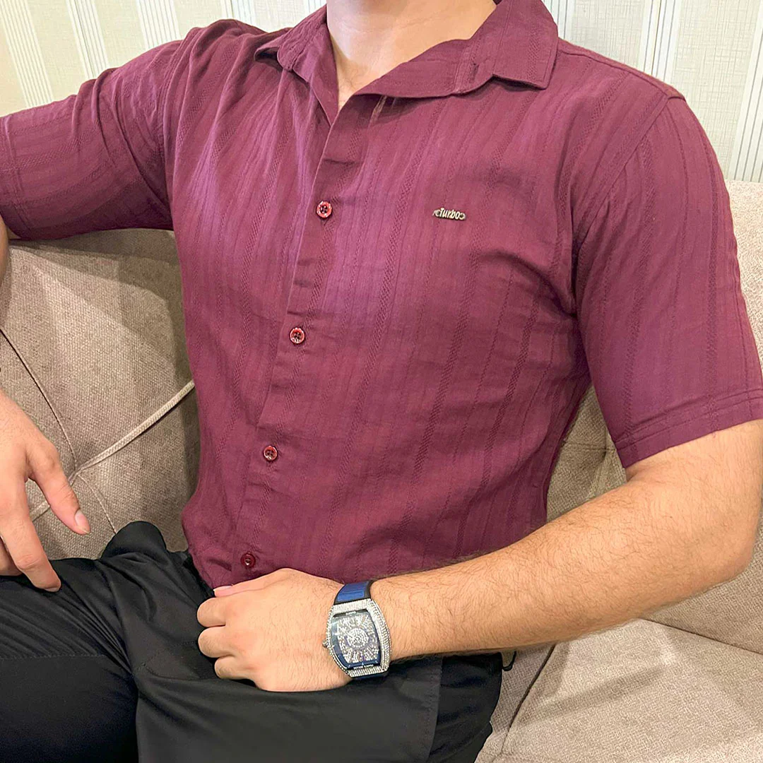 Turbo Minimalist Design Half Sleeve Casual Shirt In Plum - Image 4