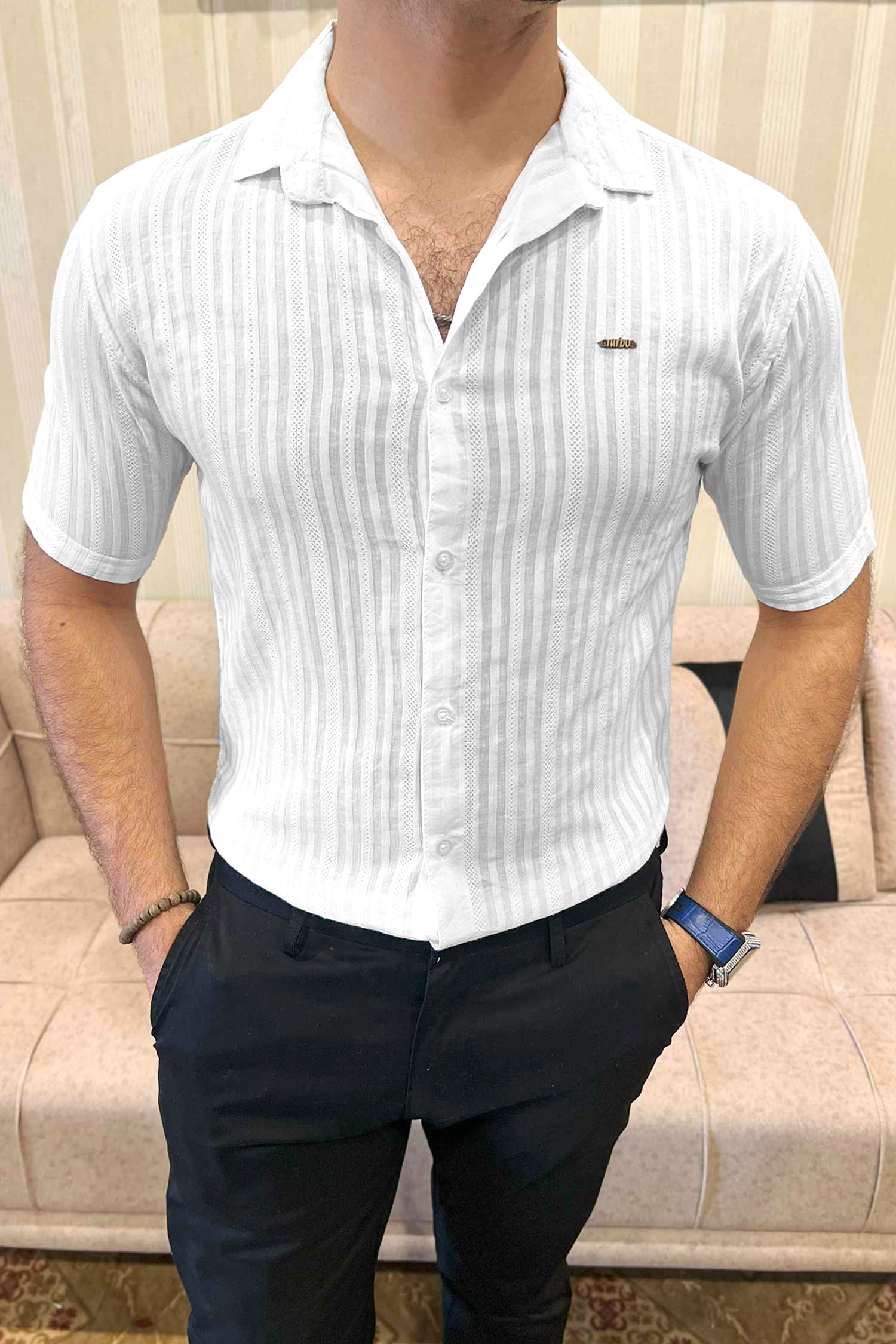 Turbo Minimalist Design Half Sleeve Casual Shirt In White - Image 3