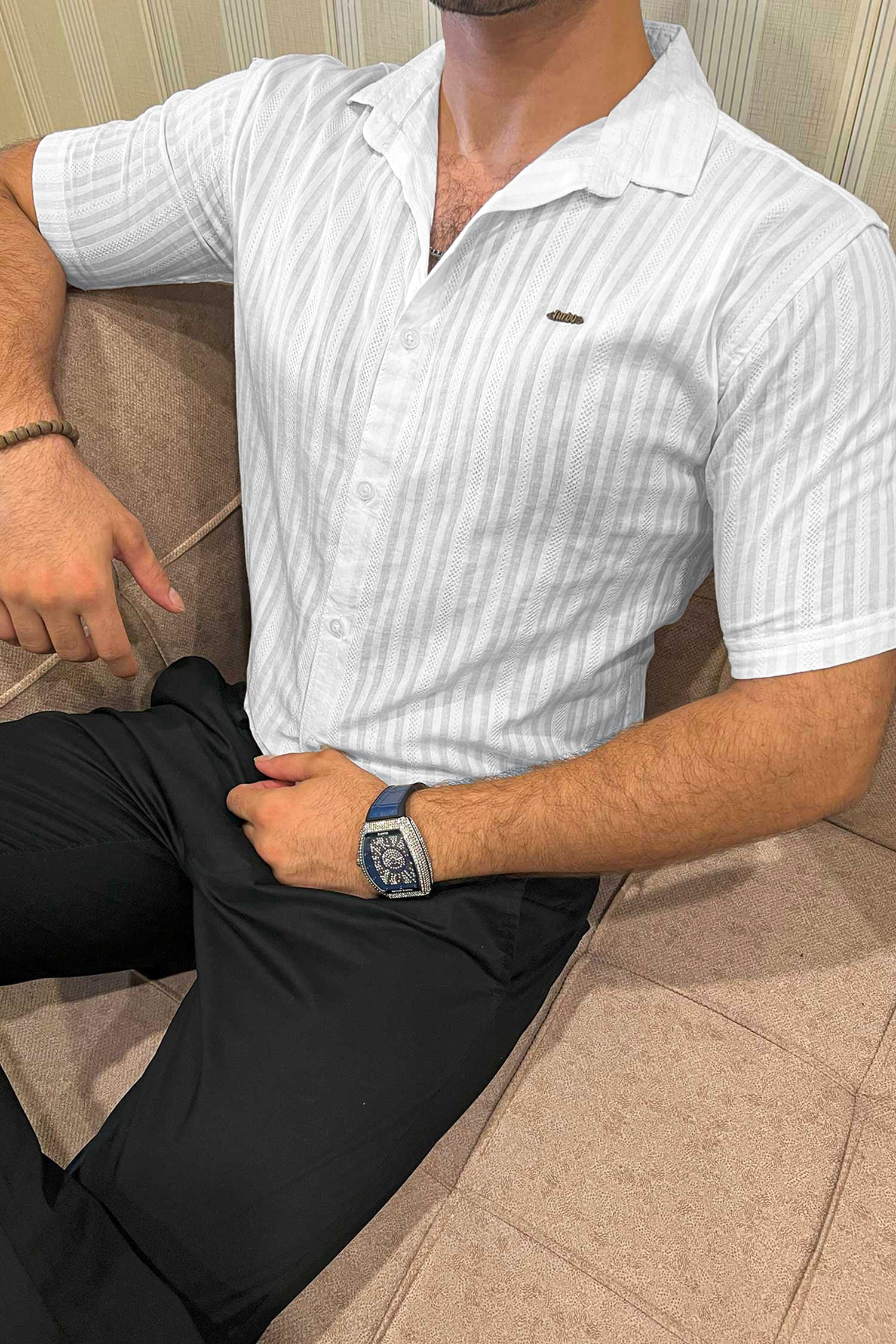 Turbo Minimalist Design Half Sleeve Casual Shirt In White - Image 4