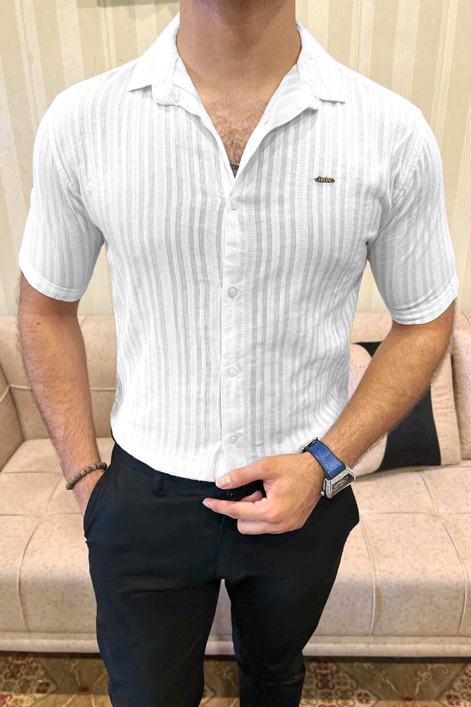 Turbo Minimalist Design Half Sleeve Casual Shirt In White - Image 5