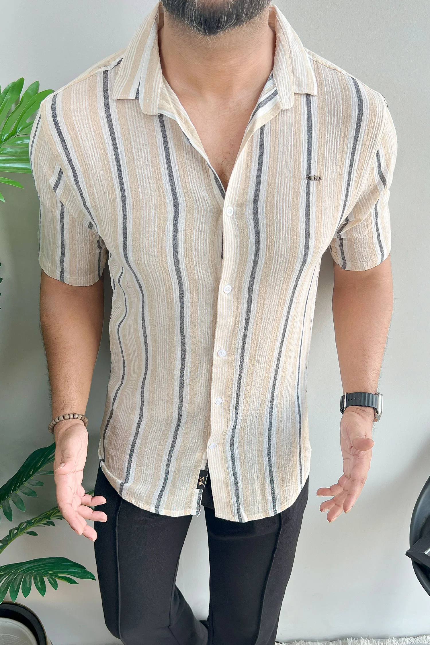 Turbo Patterned Lining Style Casual Shirt In Beige