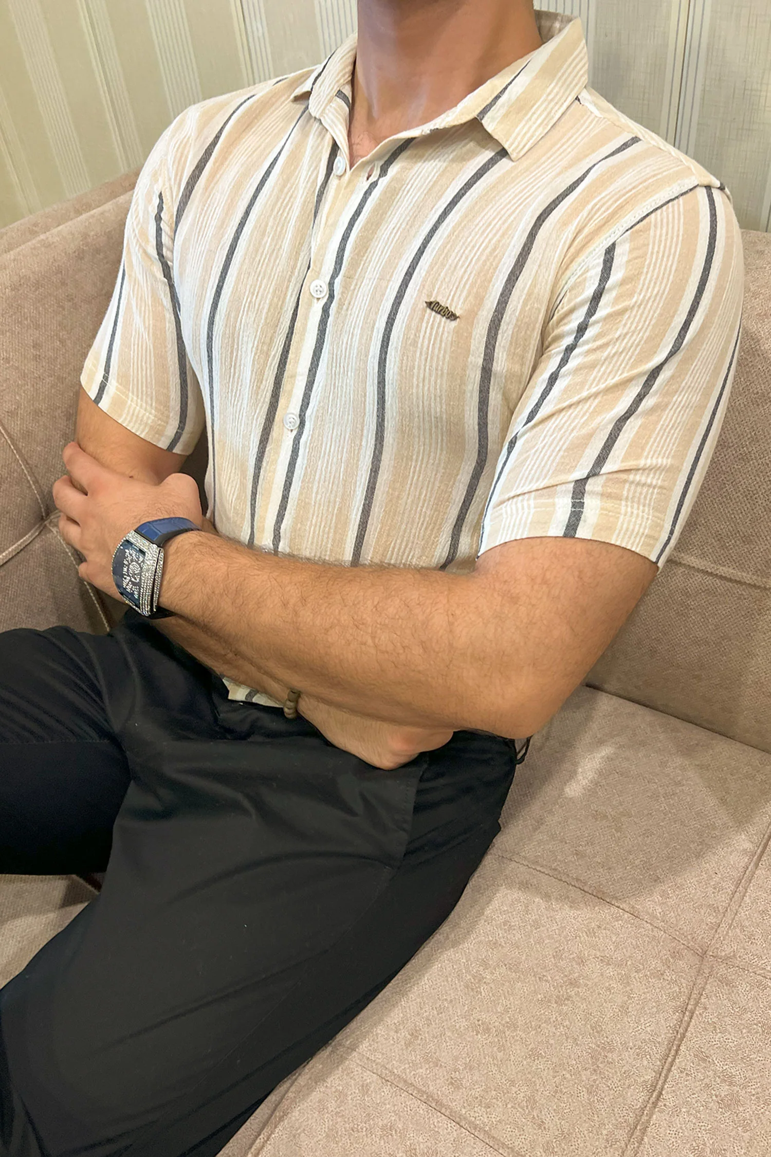 Turbo Patterned Lining Style Casual Shirt In Beige - Image 2