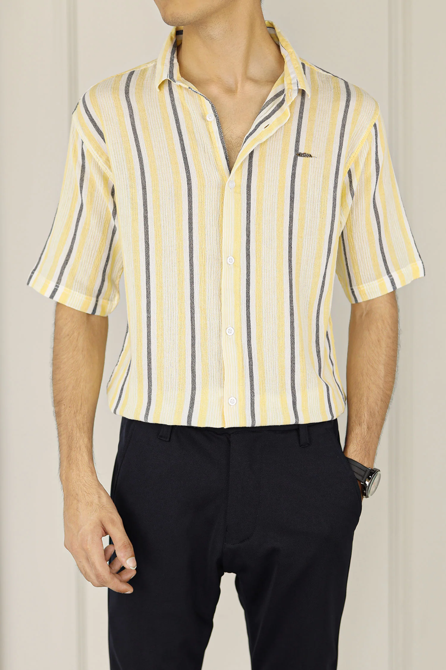Turbo Patterned Lining Style Casual Shirt In Lemon - Image 3