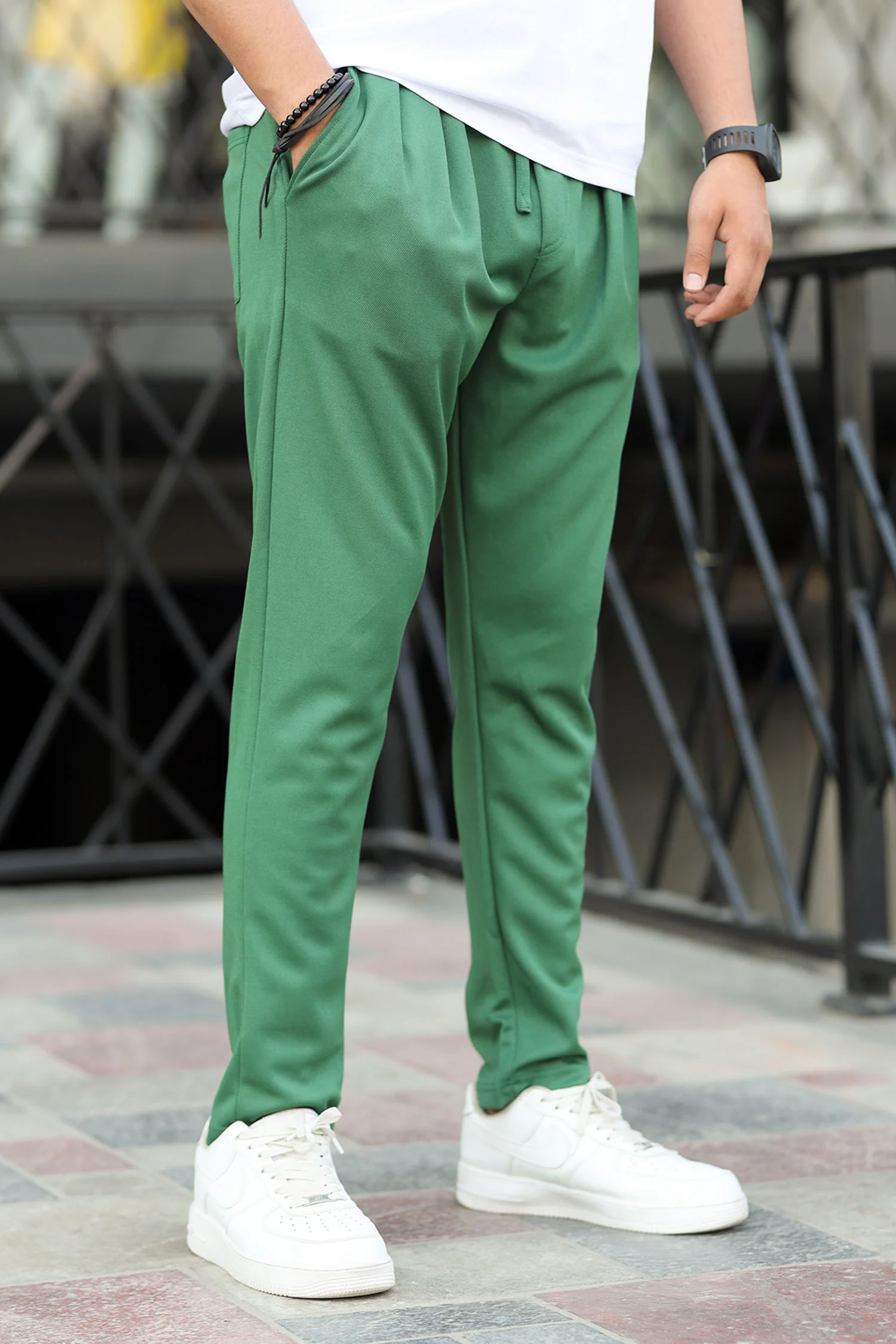 Turbo Pique Textured Double Plate SlimFit Trouser In Green - Image 2