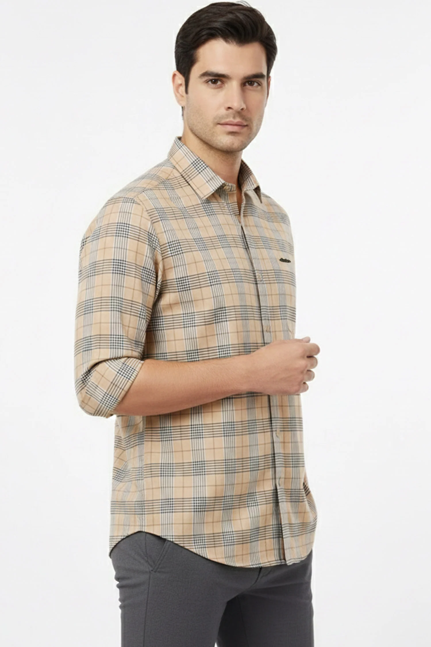 Turbo Plaid Pattern Creation Long Sleeve Cotton Casual Shirt In Light Skin