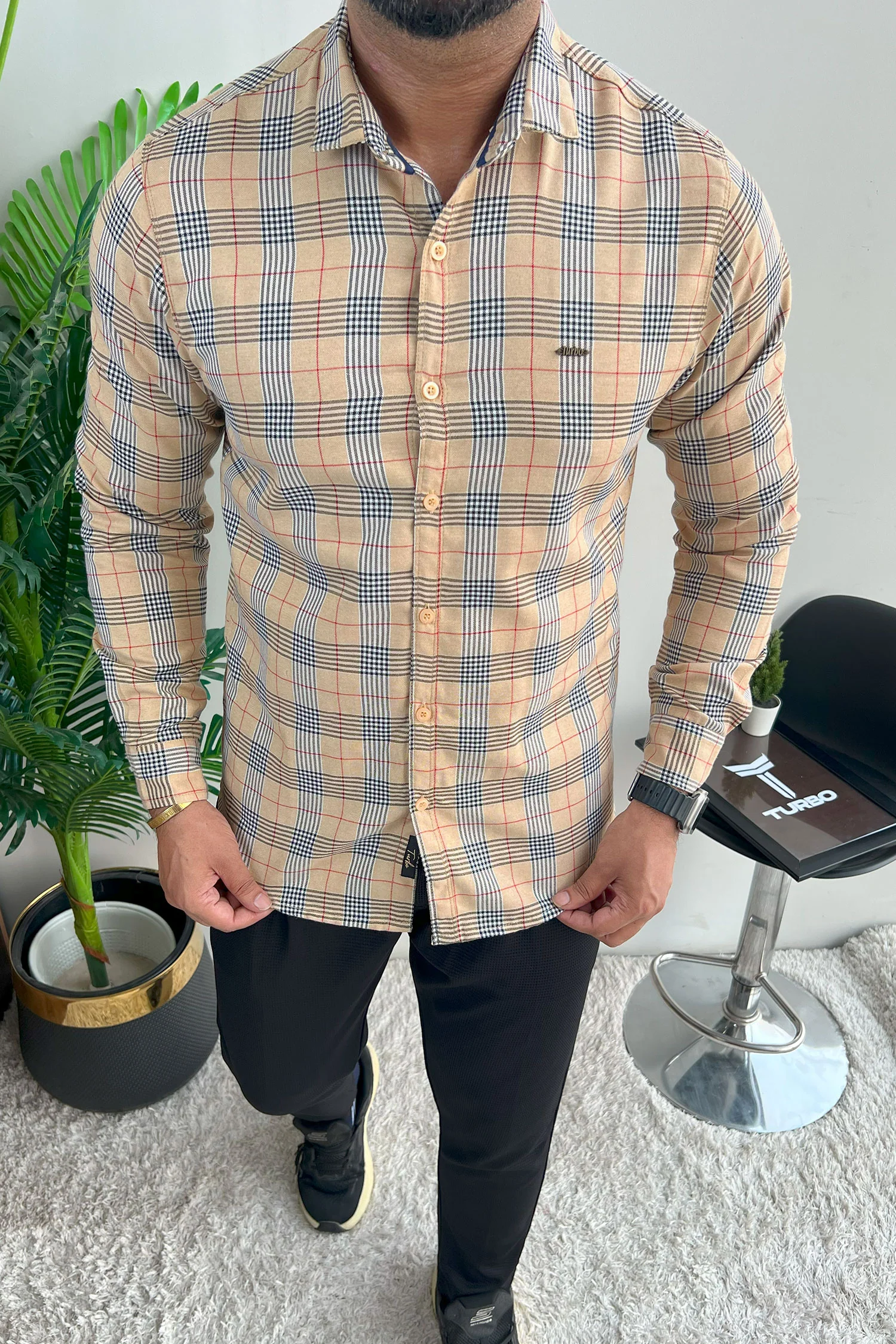 Turbo Plaid Pattern Creation Long Sleeve Cotton Casual Shirt In Light Skin - Image 3
