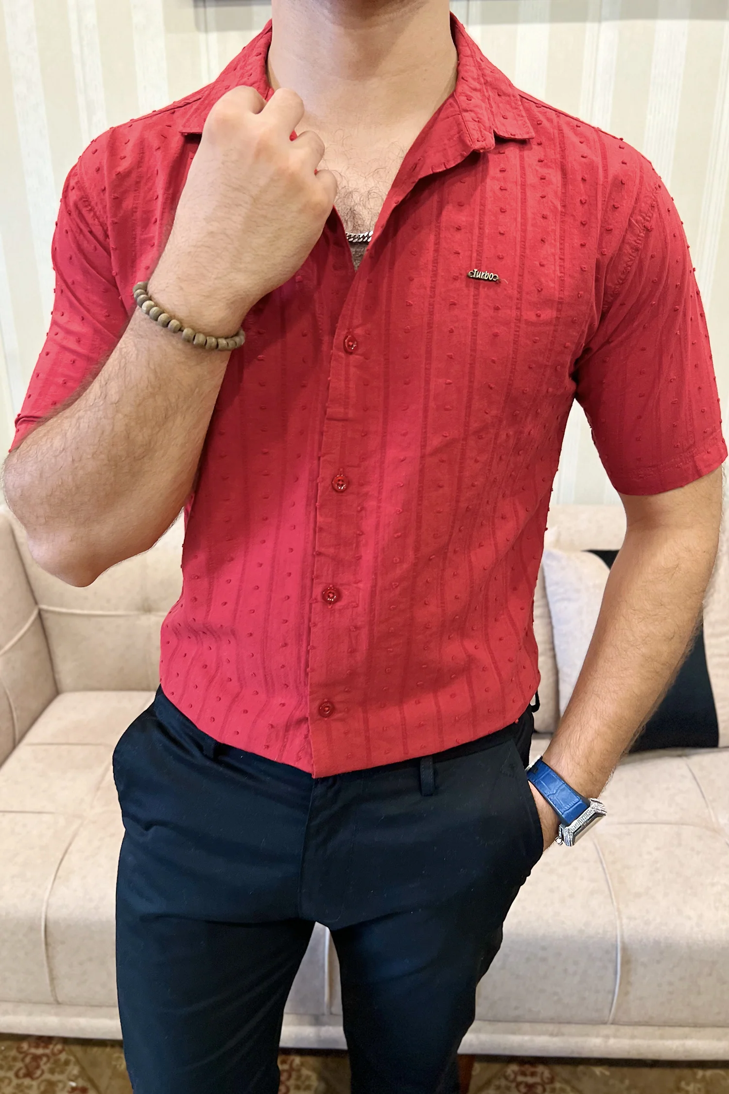 Turbo Puff Clasic Thread Casual Shirt In Maroon - Image 3