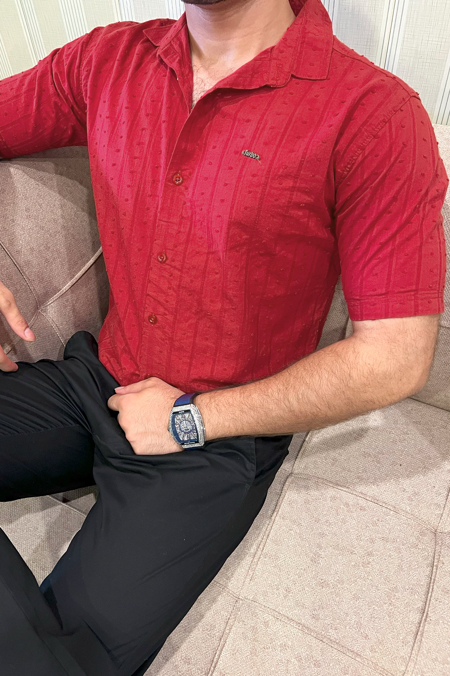 Turbo Puff Clasic Thread Casual Shirt In Maroon - Image 5