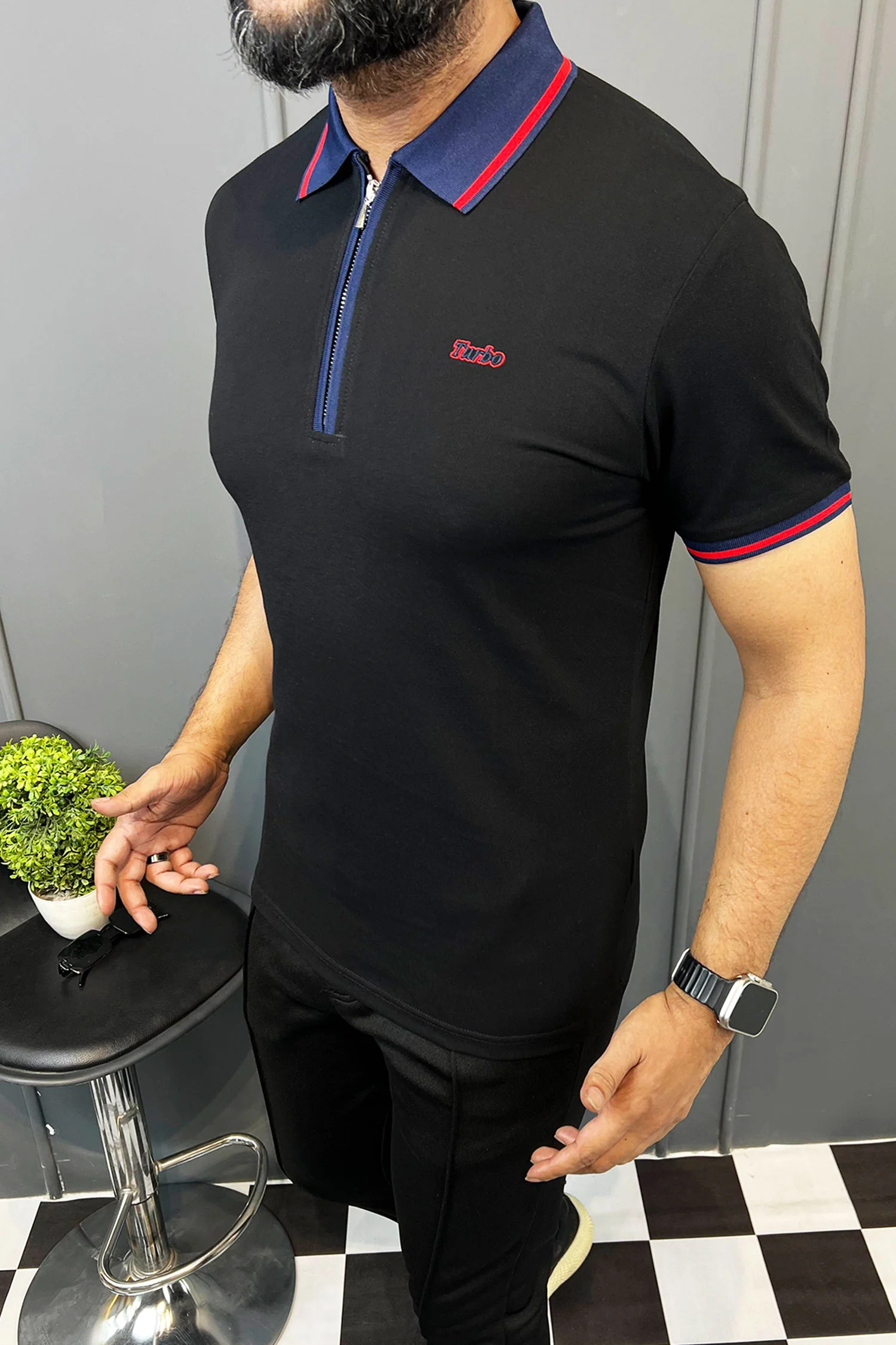 Turbo Record Zip Collar-Block Men's Polo Shirt In Black