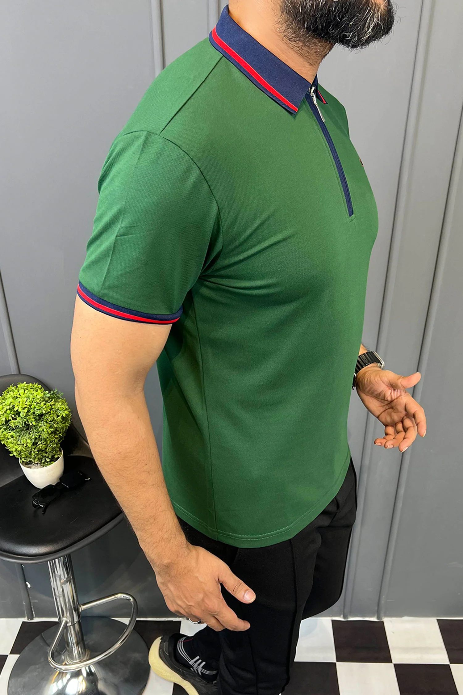 Turbo Record Zip Collar-Block Men's Polo Shirt In Green - Image 3