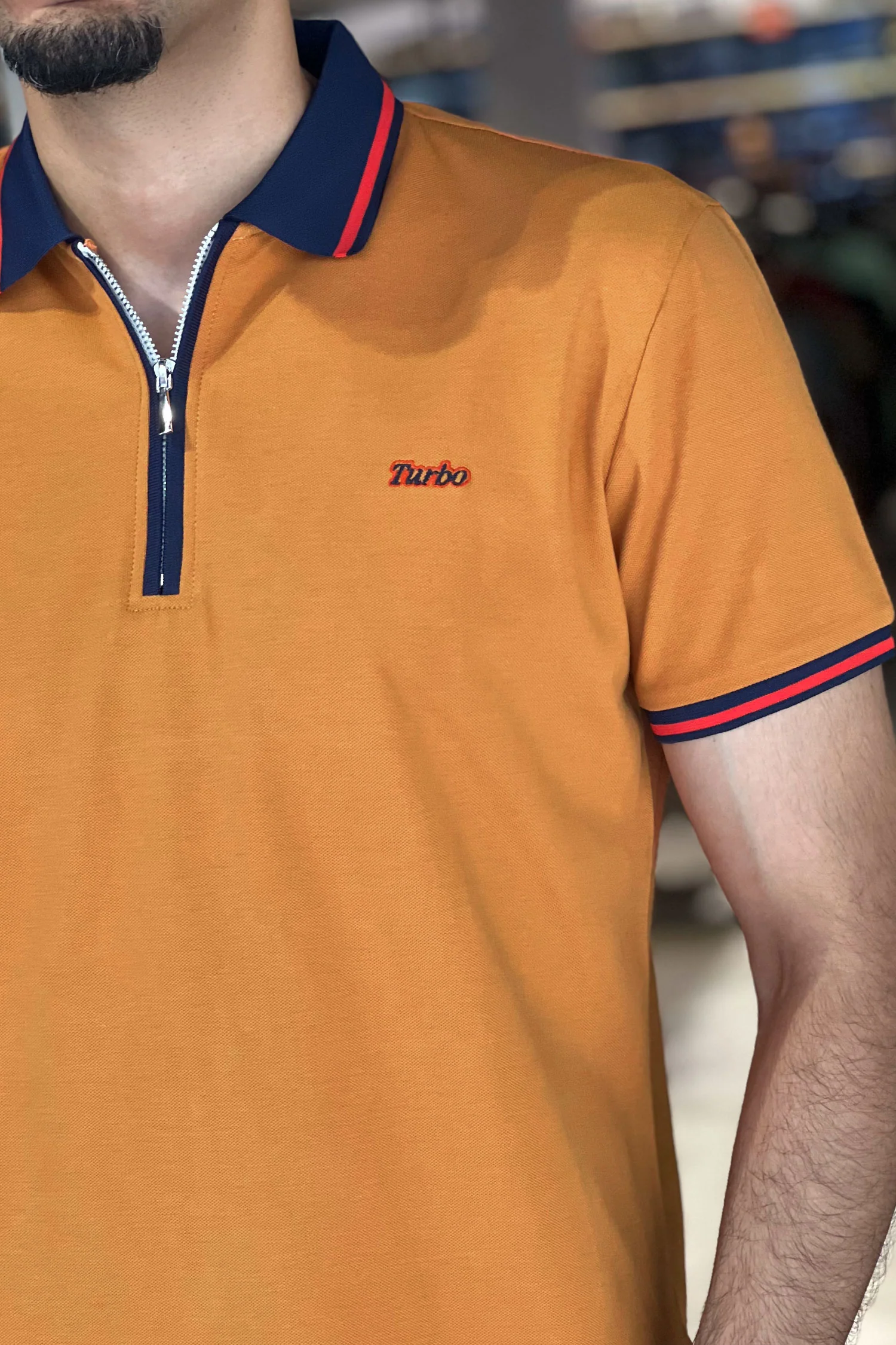 Turbo Record Zip Collar-Block Men's Polo Shirt In Orange - Image 2