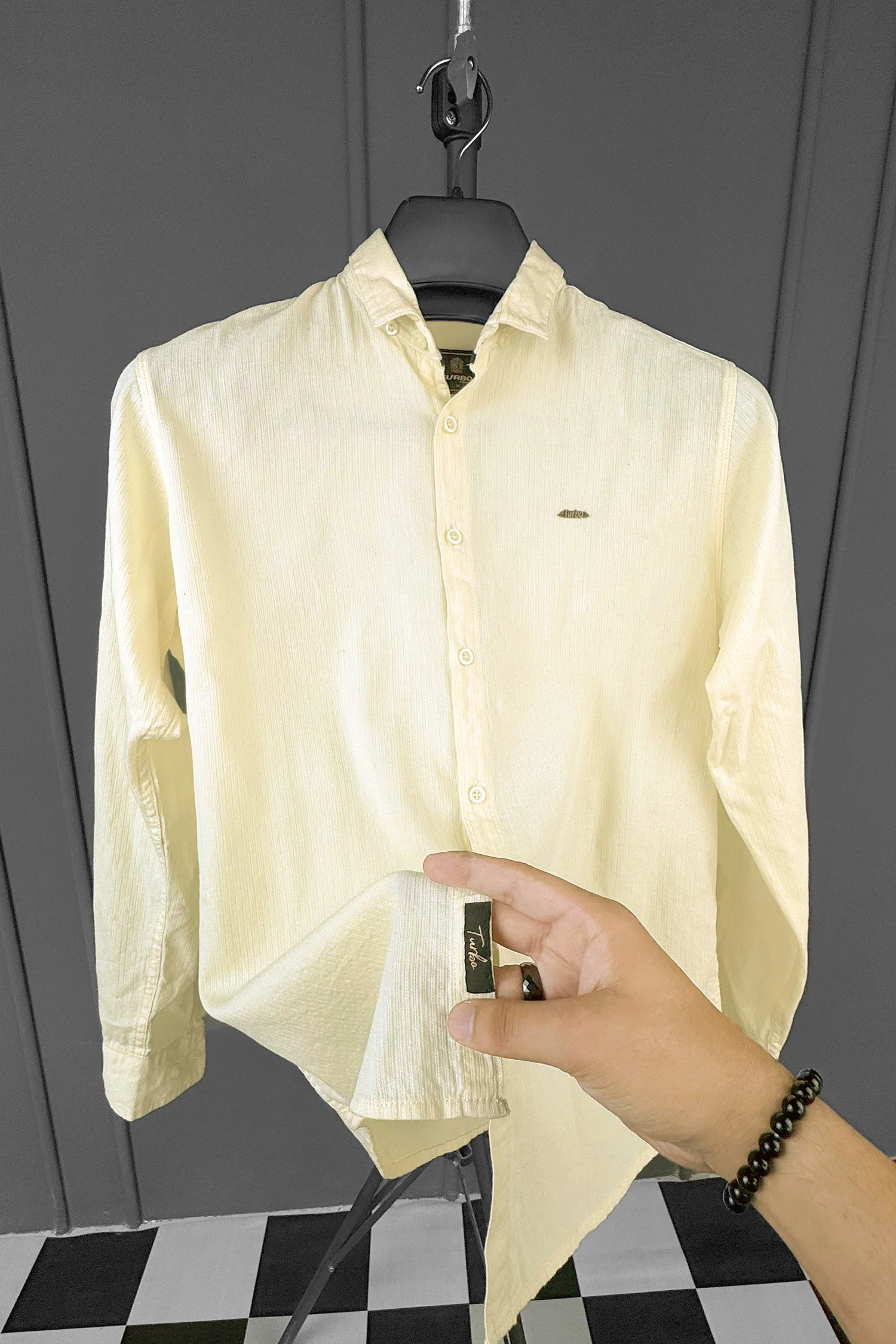 Turbo Self Lining Long Sleeve Cotton Casual Shirt In Light Lemon - Image 3