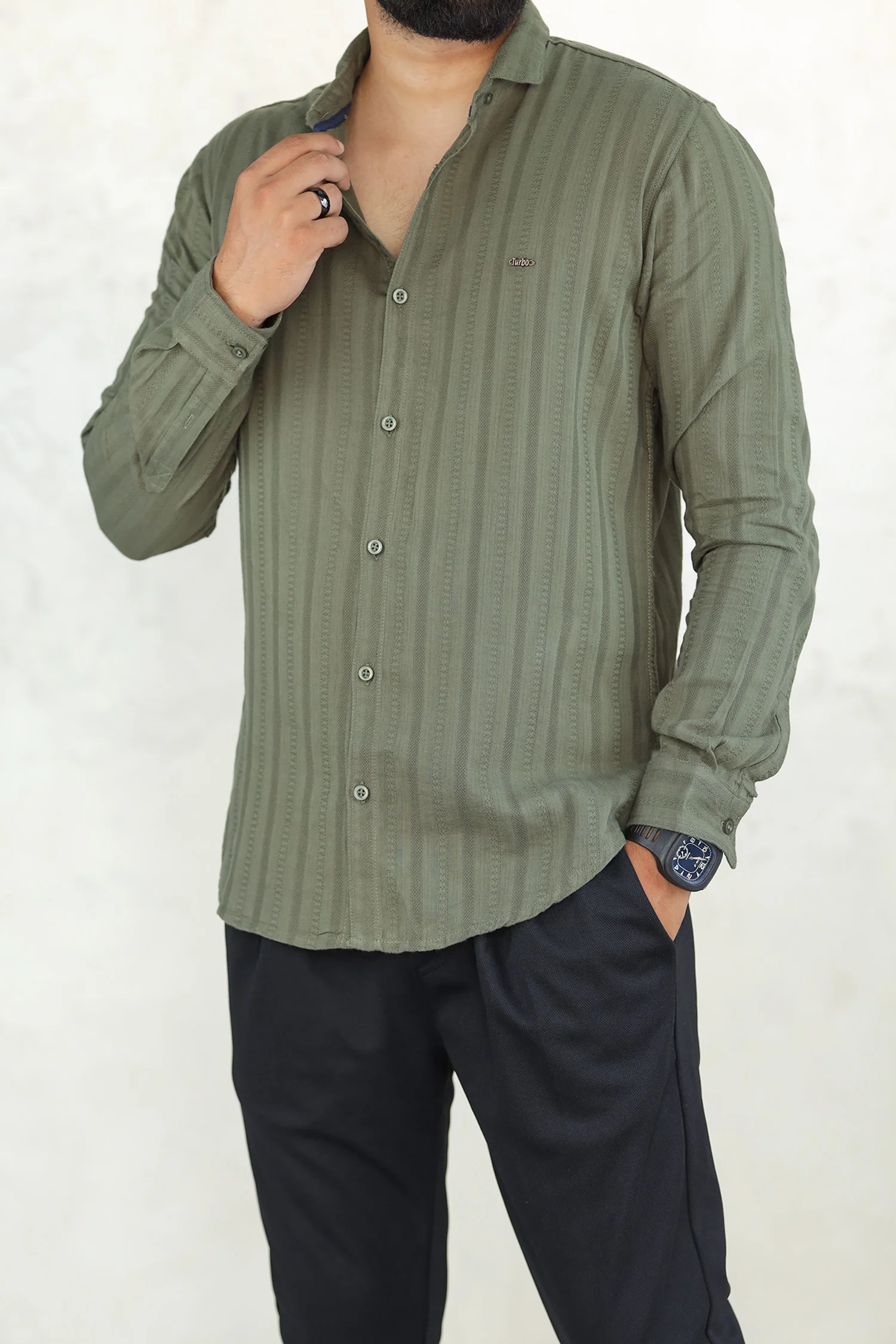 Turbo Self Stripe Motif Long Sleeve Cotton Casual Shirt - Image 13