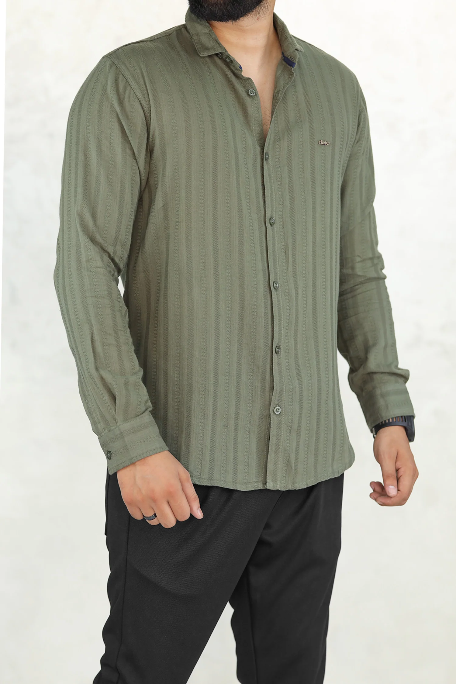 Turbo Self Stripe Motif Long Sleeve Cotton Casual Shirt - Image 14