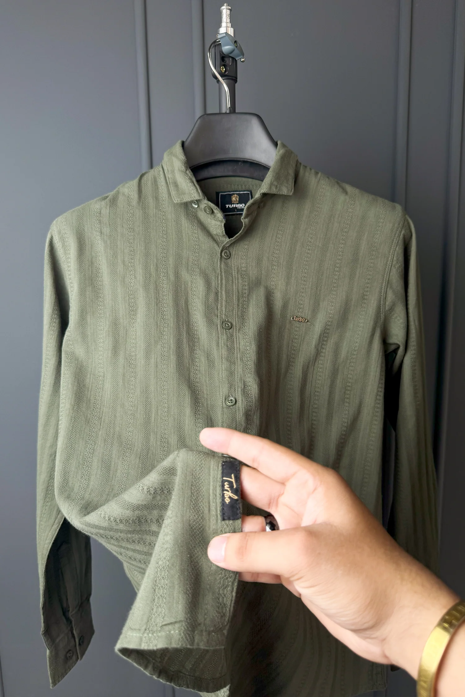 Turbo Self Stripe Motif Long Sleeve Cotton Casual Shirt - Image 16