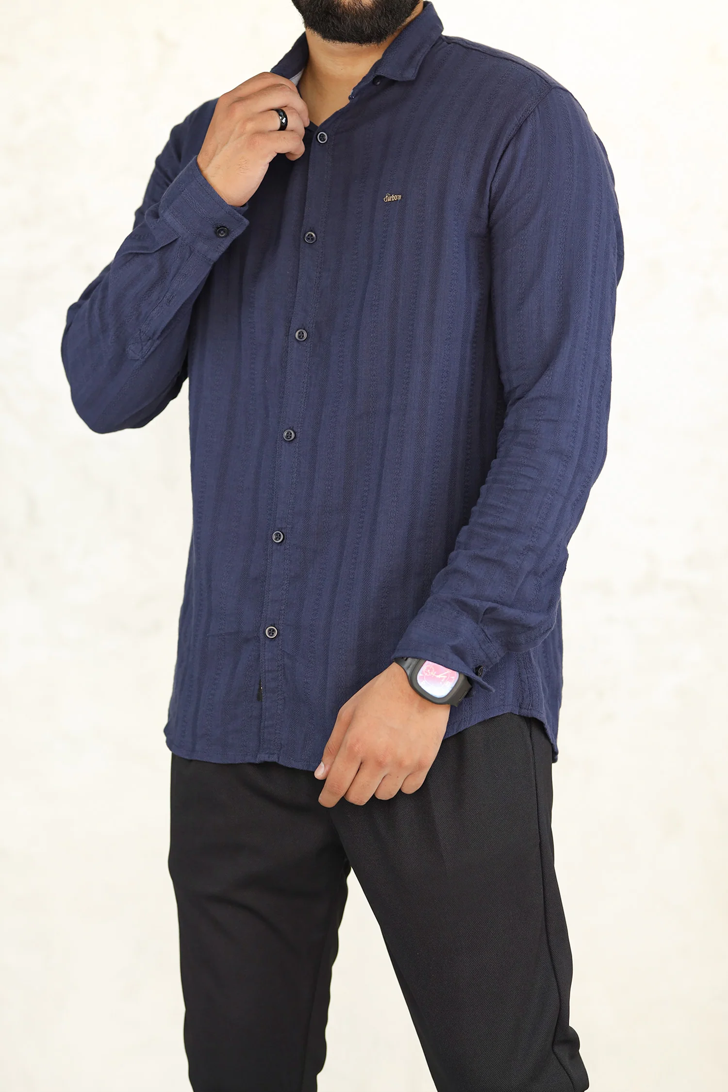 Turbo Self Stripe Motif Long Sleeve Cotton Casual Shirt - Image 19
