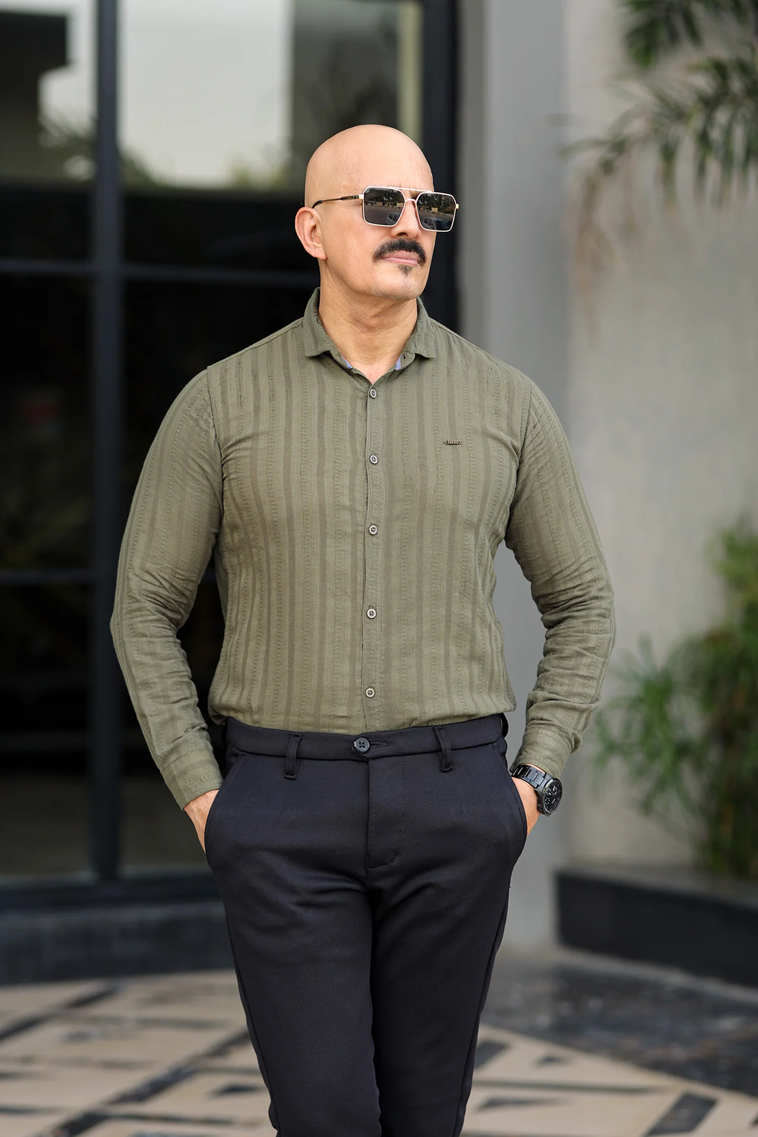 Turbo Self Stripe Motif Long Sleeve Cotton Casual Shirt - Image 12